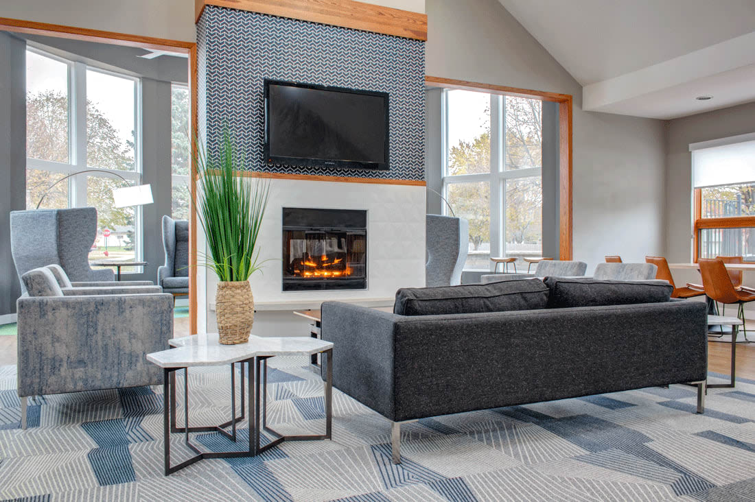 Fireplace in the clubhouse at Bristol Village in Bloomington, Minnesota