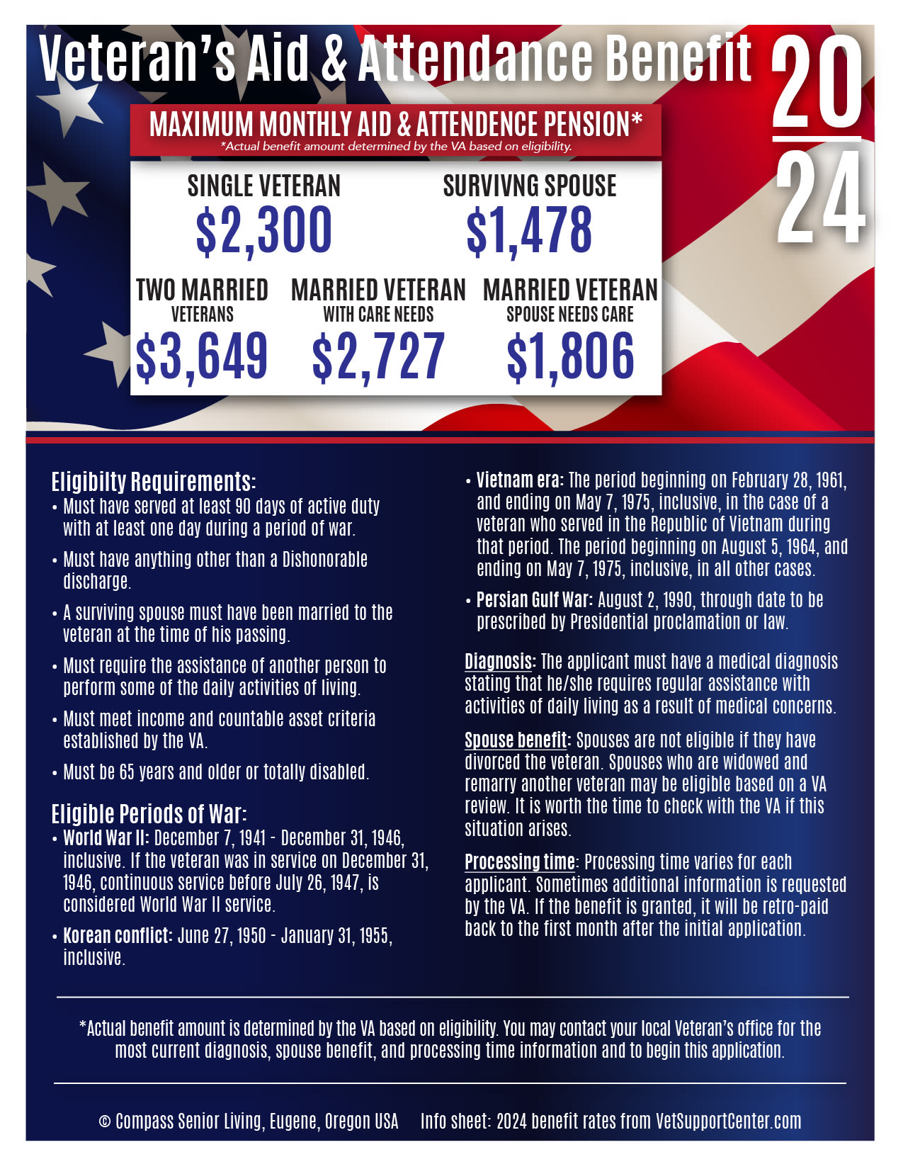 Veterans aid and attendance benefits info flyer at Majestic Rim Retirement Living