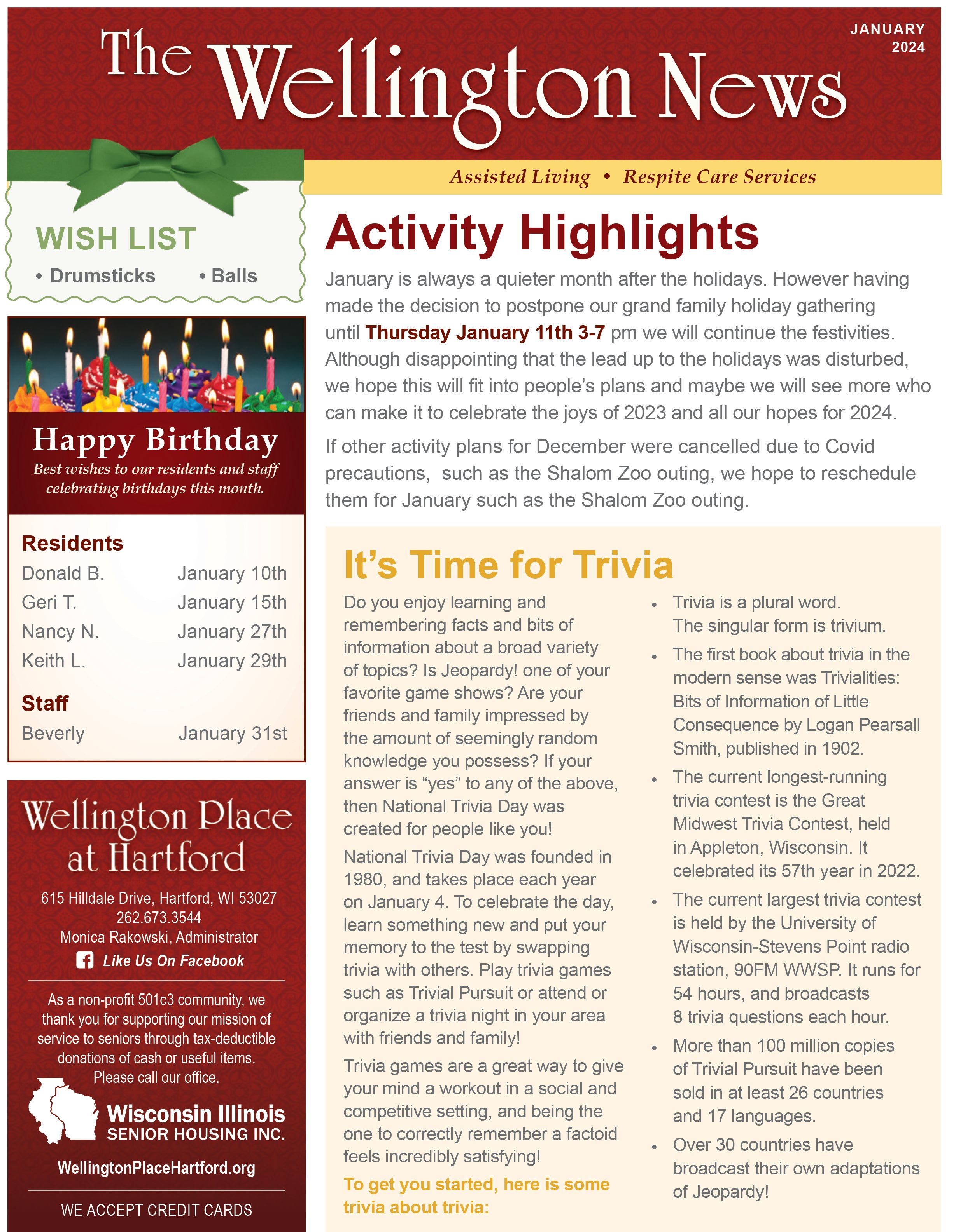 January 2024 Newsletter at Wellington Place at Hartford in Hartford, Wisconsin