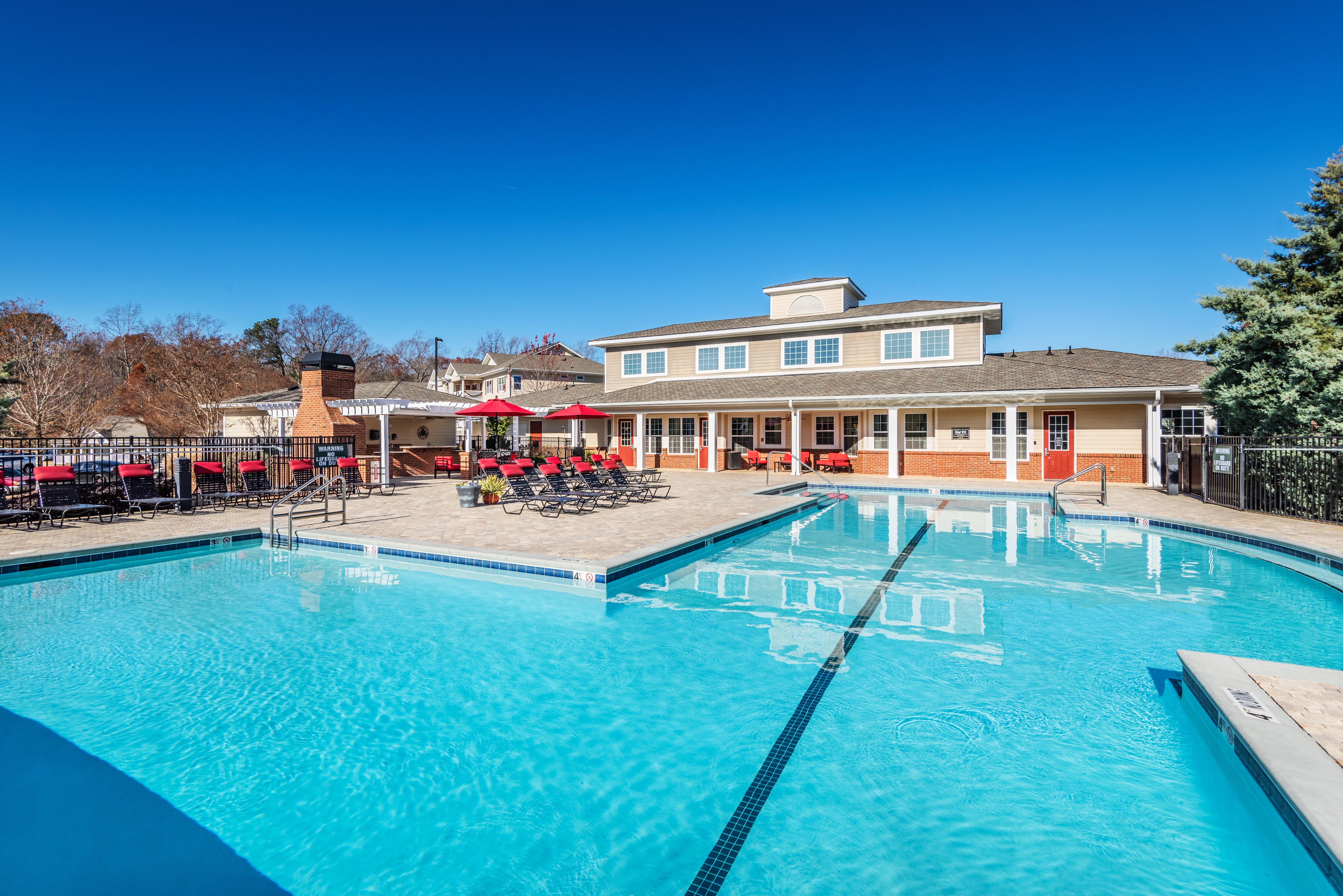 The sparkling community swimming pool at Village at Broadstone Station in Apex, North Carolina