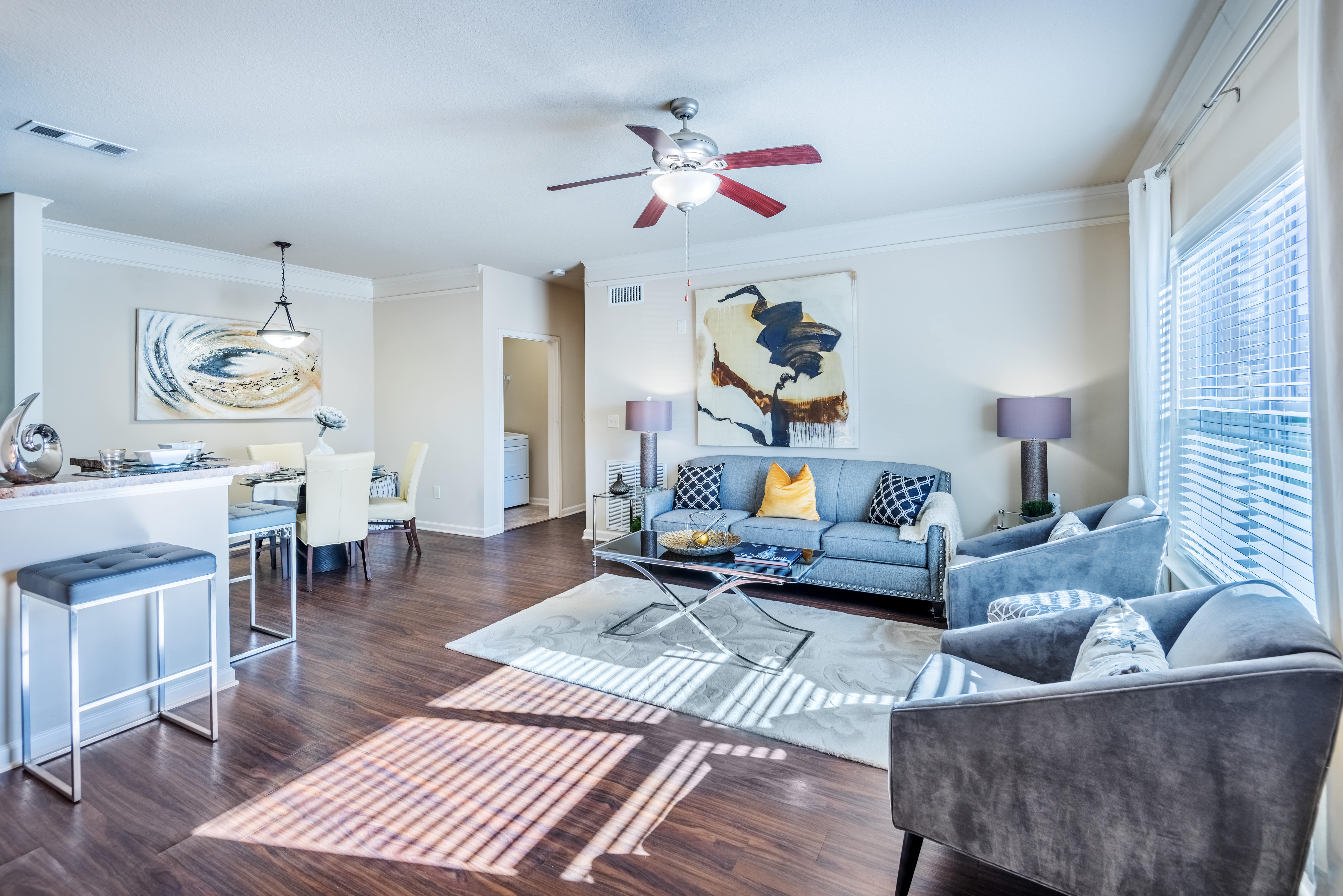 The spacious living area of a model home at Village at Broadstone Station in Apex, North Carolina