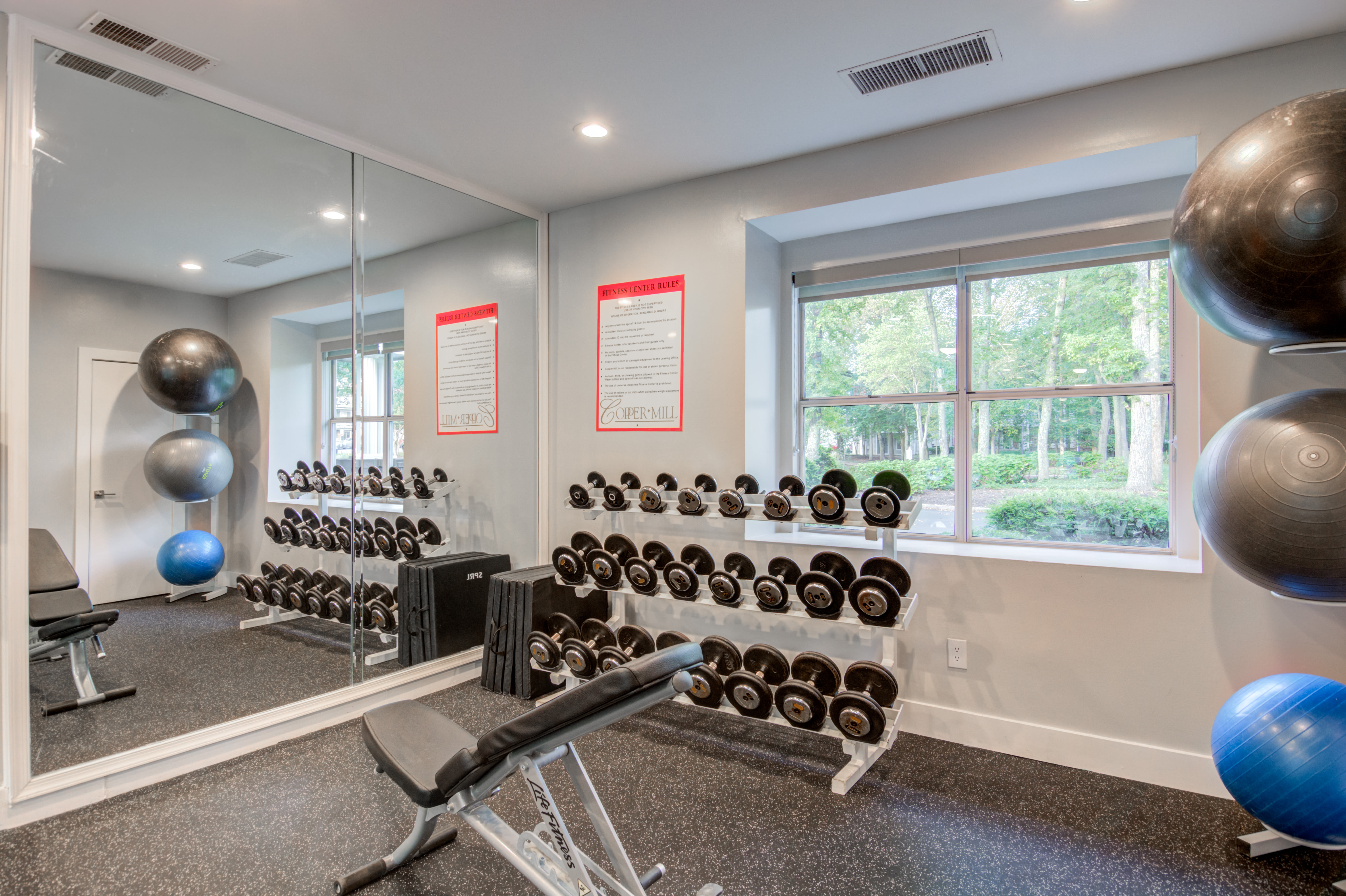 A row of treadmills in the fitness center at Copper Mill Apartments in Richmond, Virginia