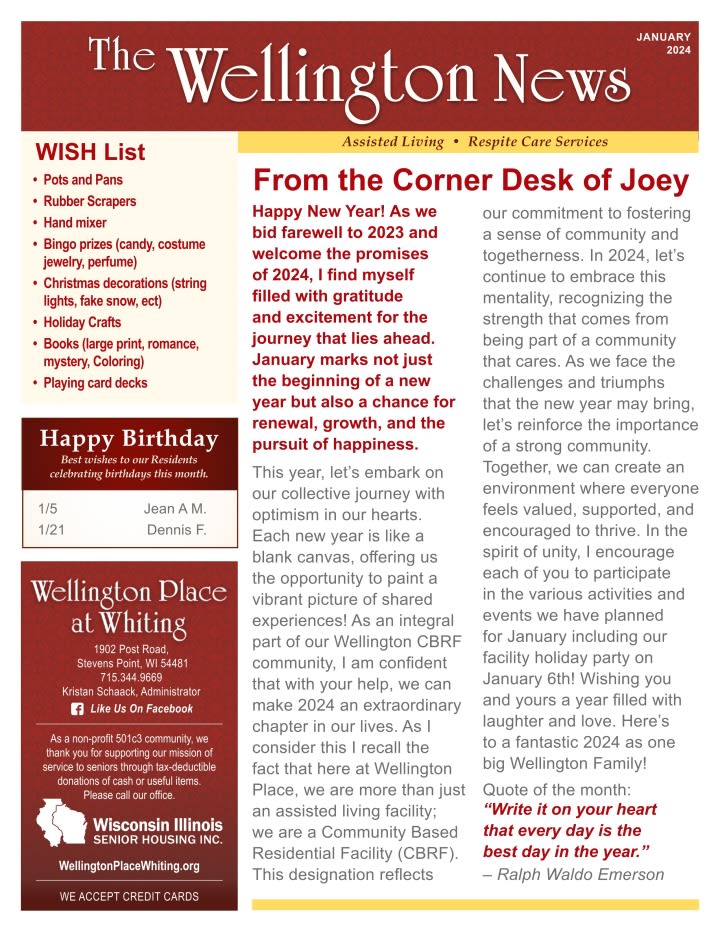 January 2024 newsletter at Wellington Place at Whiting in Stevens Point, Wisconsin