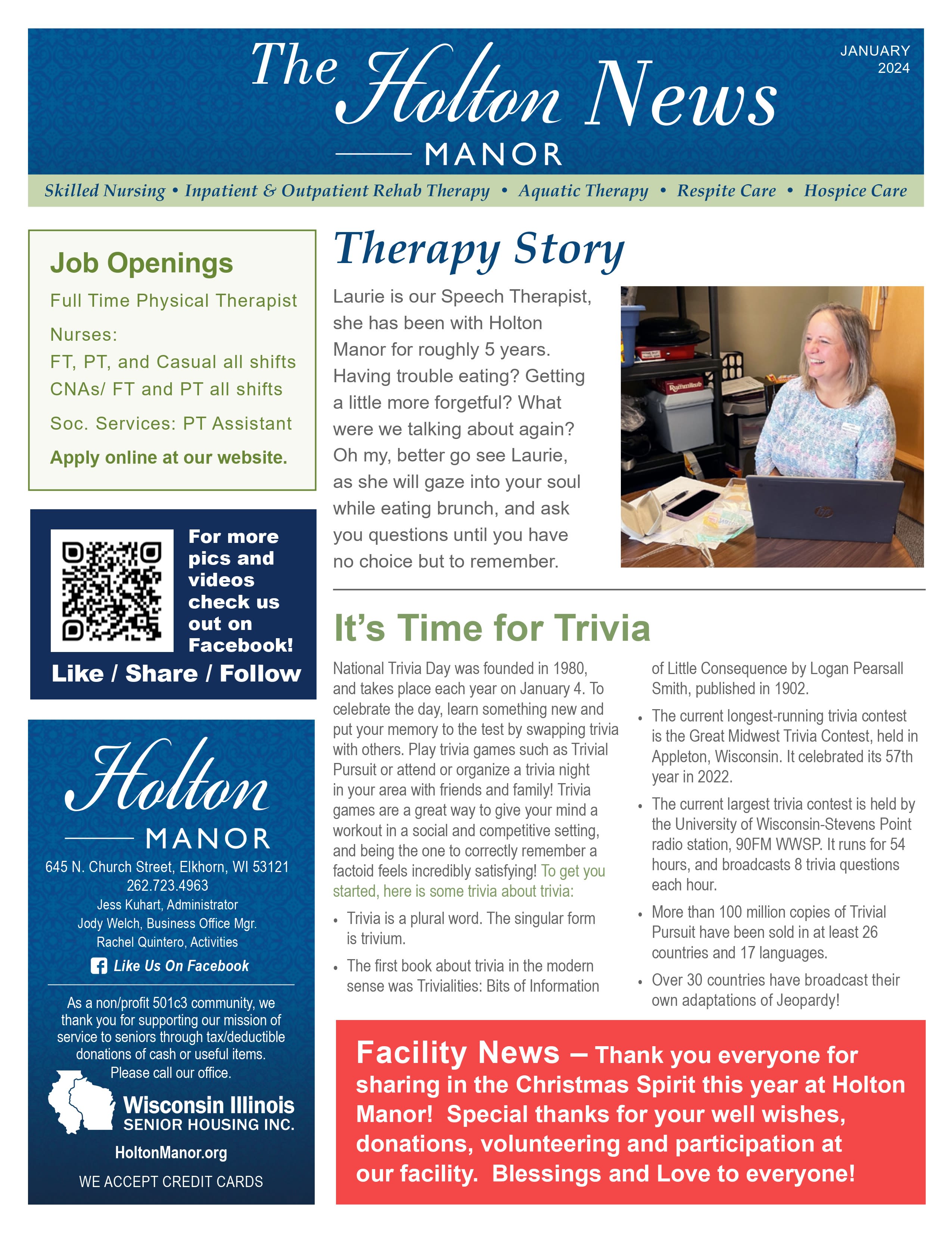 January 2023 Newsletter at Holton Manor in Elkhorn, Wisconsin