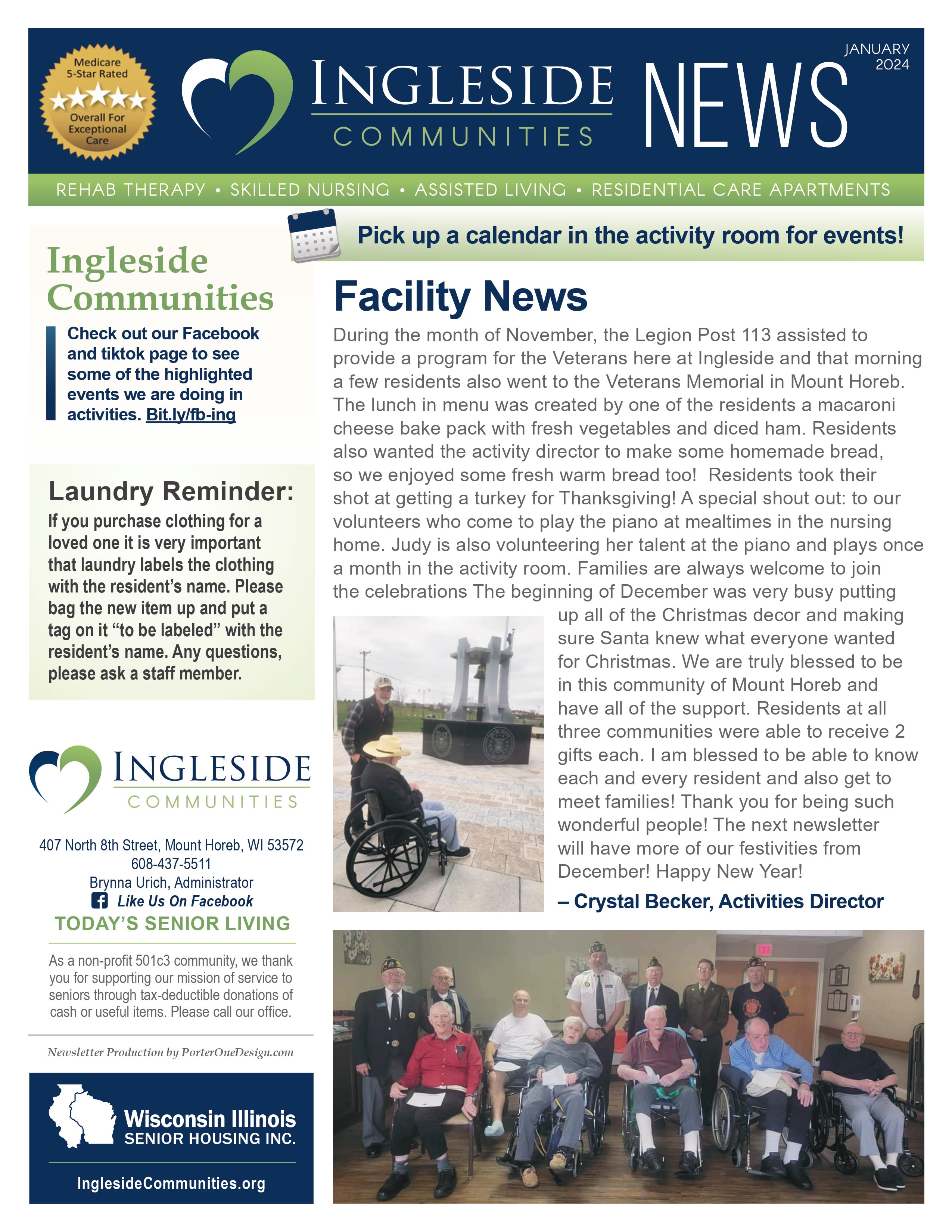 January 2024 Newsletter at Ingleside Communities in Mount Horeb, Wisconsin
