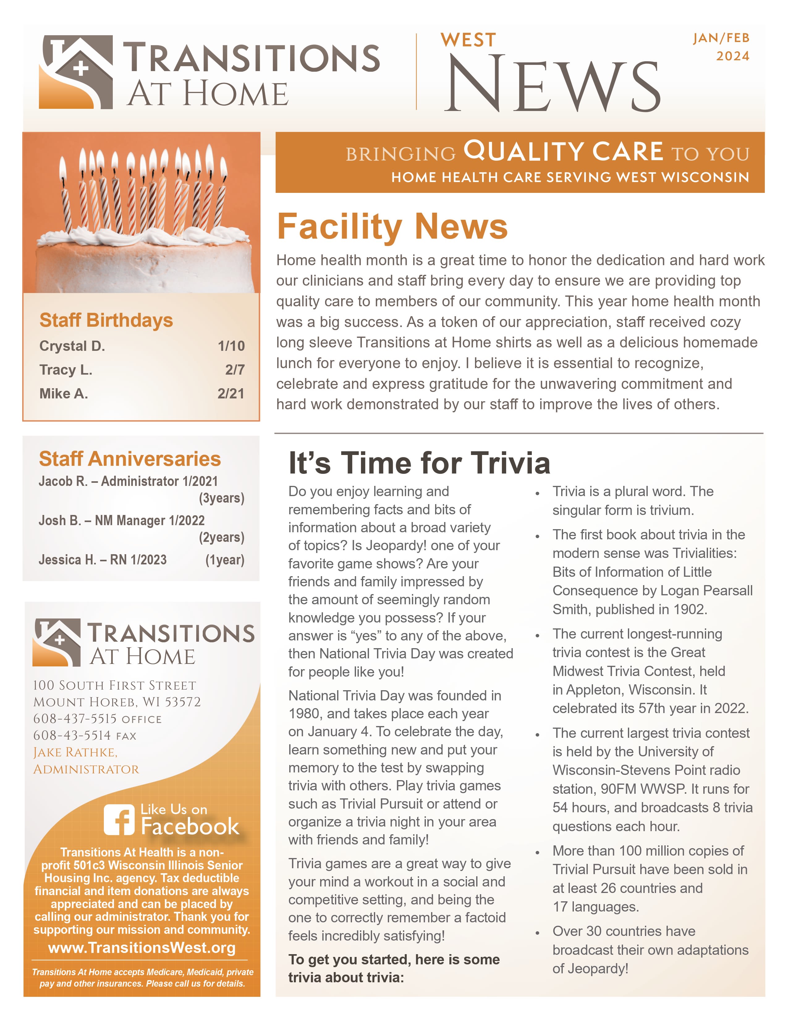 January 2024 Newsletter at Transitions At Home - West in Mount Horeb, Wisconsin
