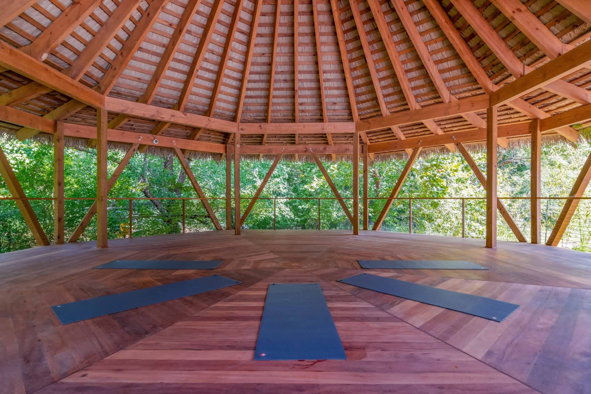 Yoga mats under a gazebo at Affinitee at Stone Mountain in Stone Mountain, Georgia