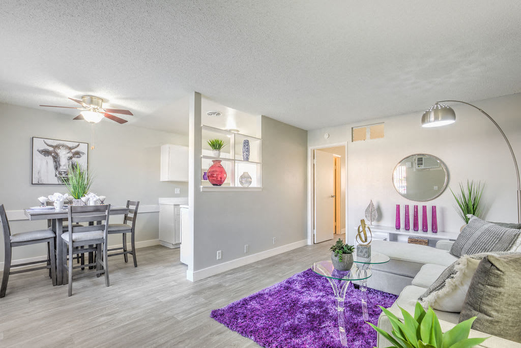 Apartment living room, kitchen, and dining area at Wyandotte in Las Vegas, Nevada