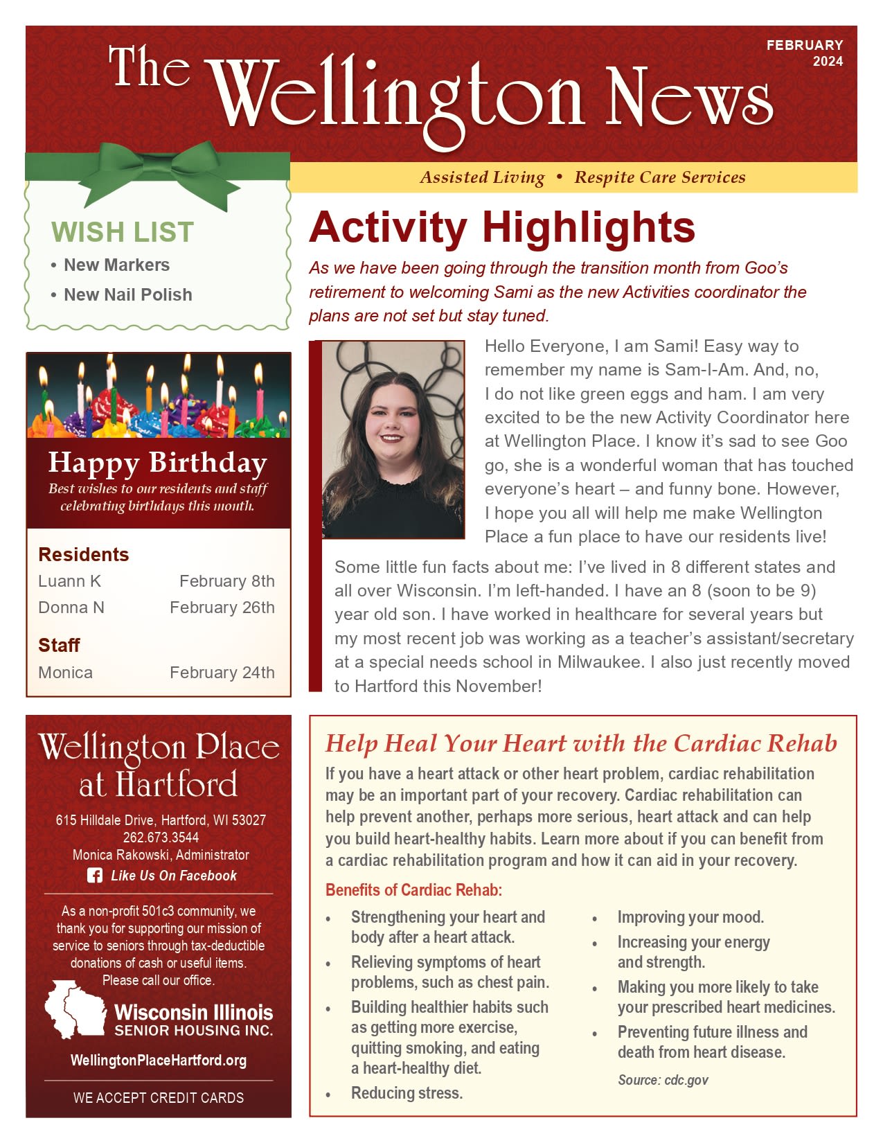 February 2024 Newsletter at Wellington Place at Hartford in Hartford, Wisconsin