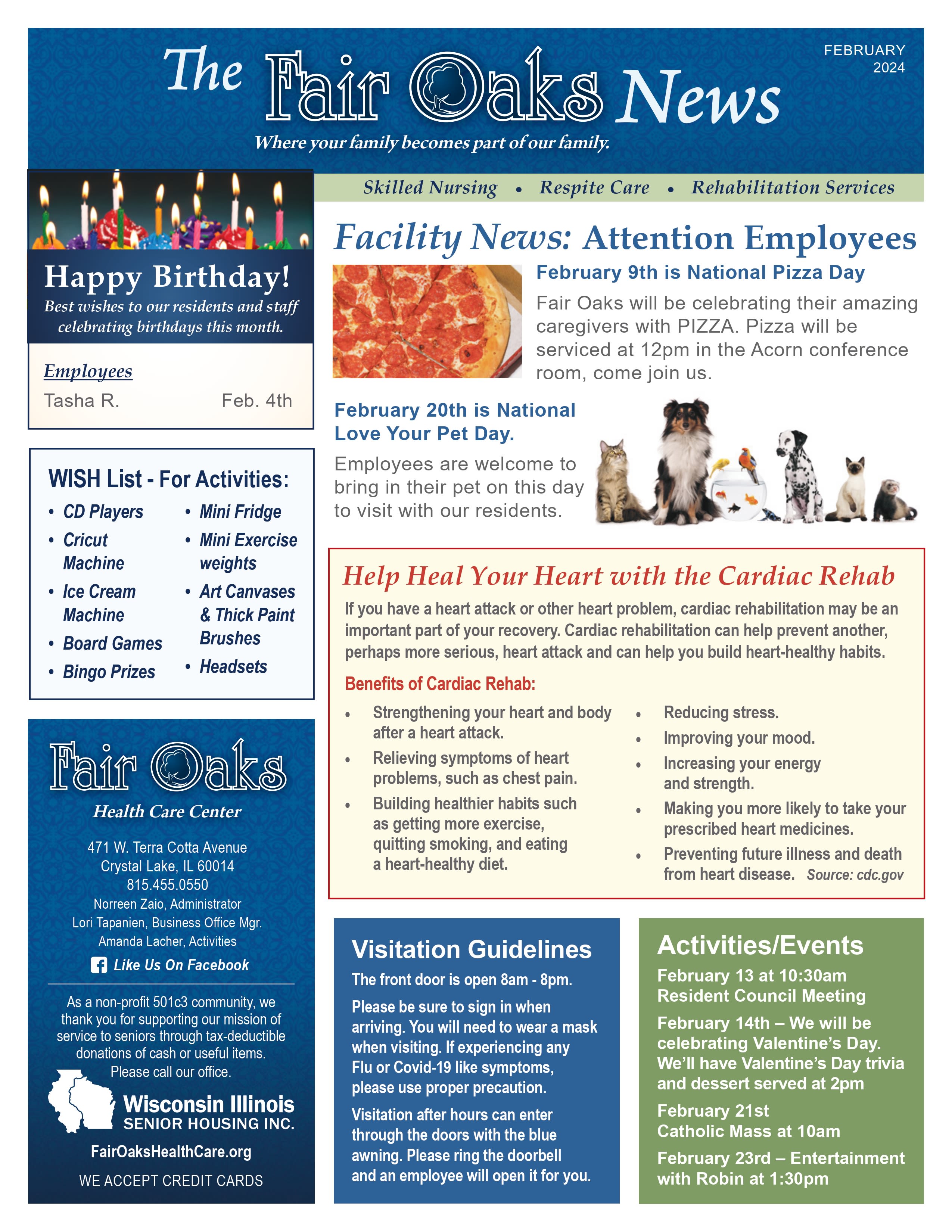 February 2024 Newsletter at Fair Oaks Health Care Center in Crystal Lake, Illinois