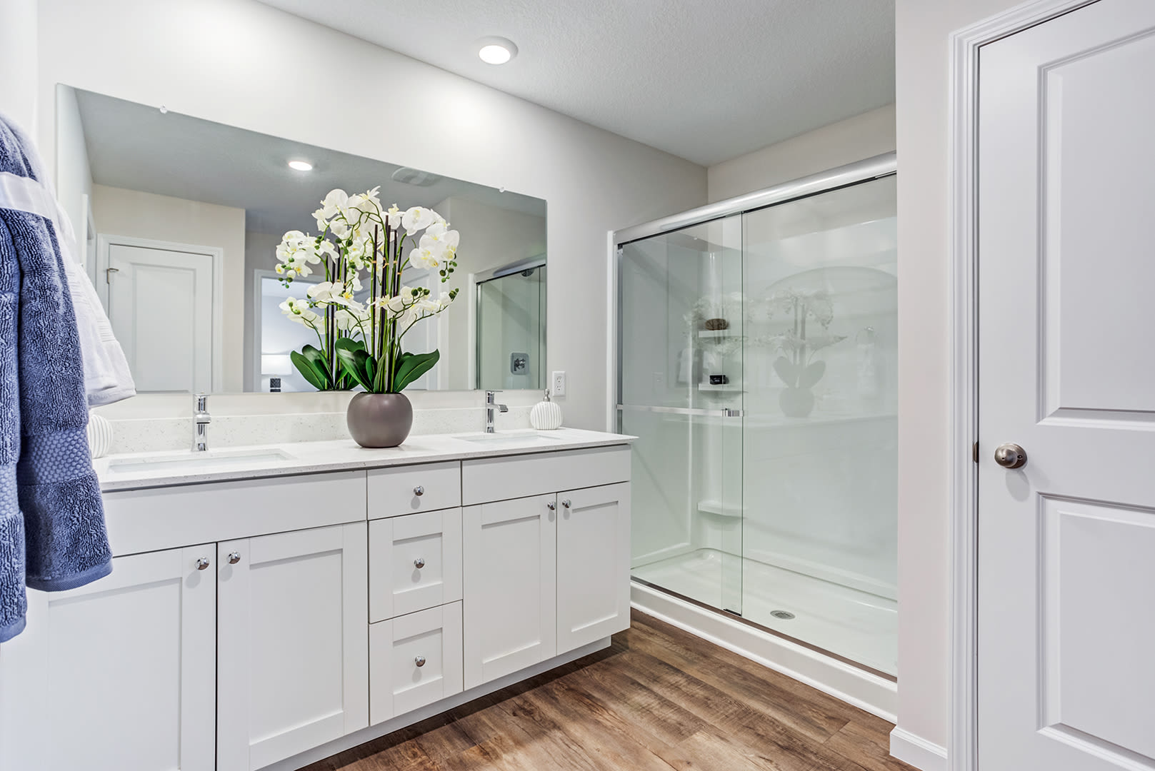 Modern finishes in a model home's bathroom at Lakes at Heather Ridge in Fort Wayne, Indiana