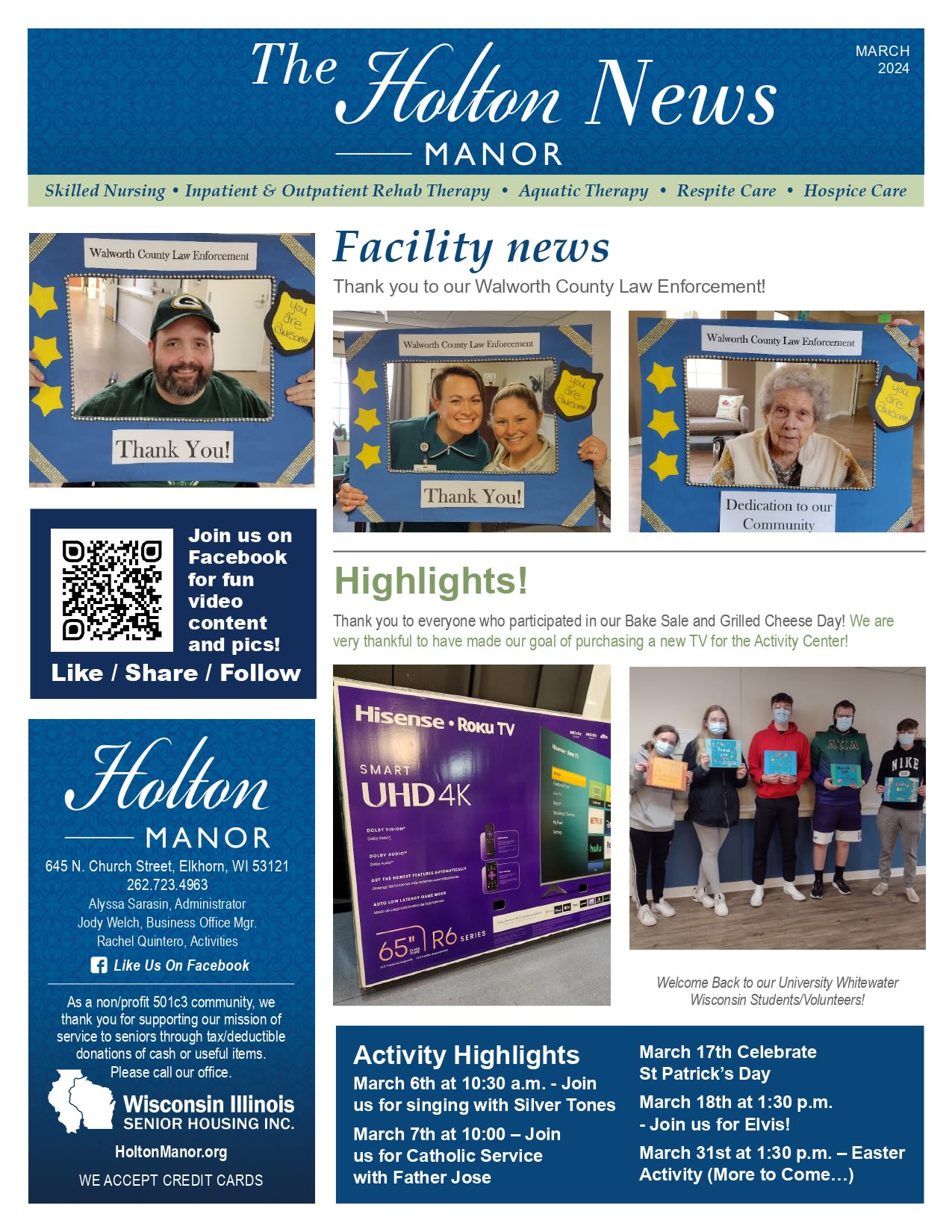 March 2024 Newsletter at Holton Manor in Elkhorn, Wisconsin