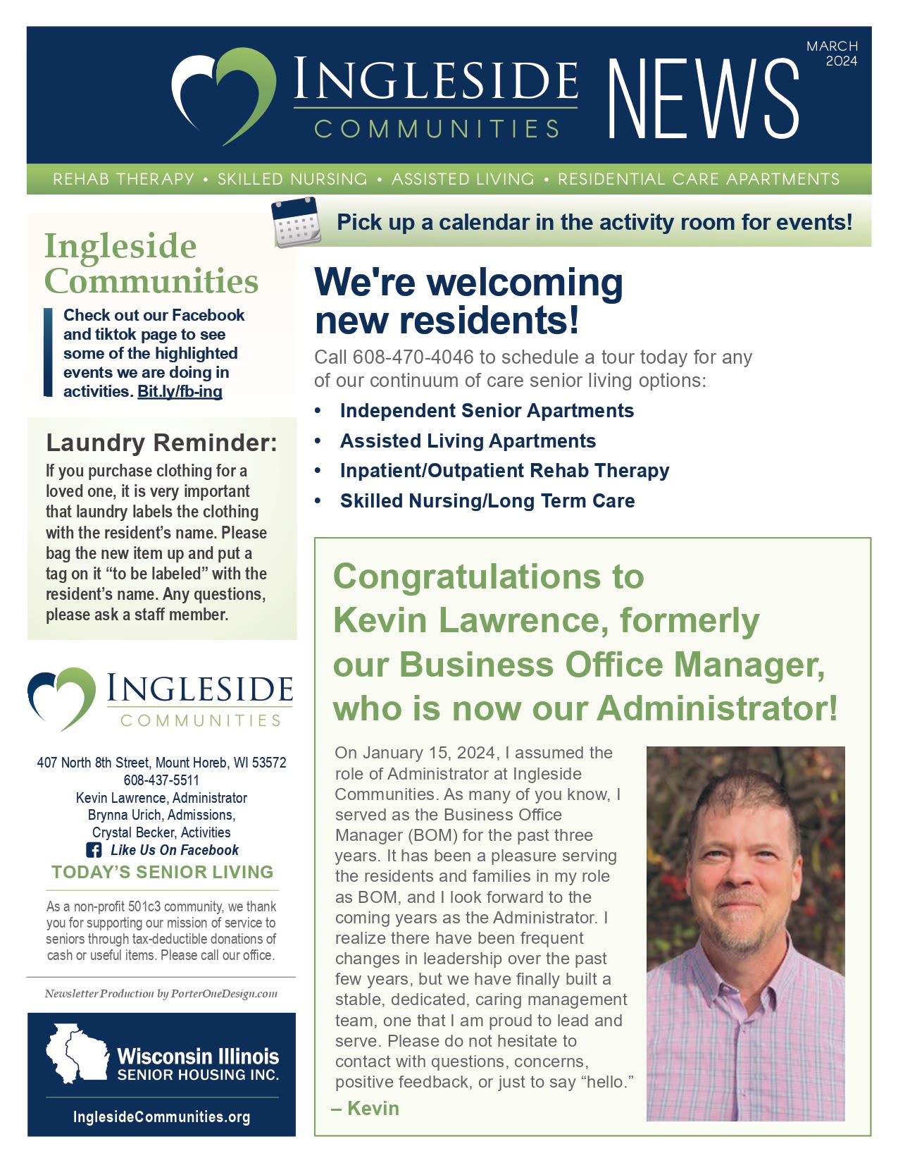 March 2024 Newsletter at Ingleside Communities in Mount Horeb, Wisconsin