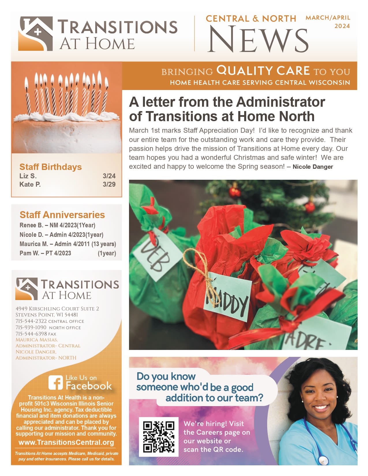 March 2024 Newsletter at Transitions At Home - Central in Stevens Point, Wisconsin