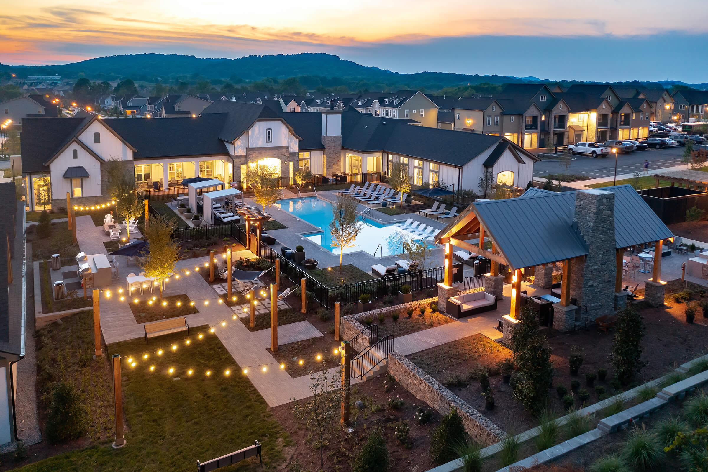 Aerial view of the swimming pool at Mandolin at Stream Valley in Franklin, Tennessee