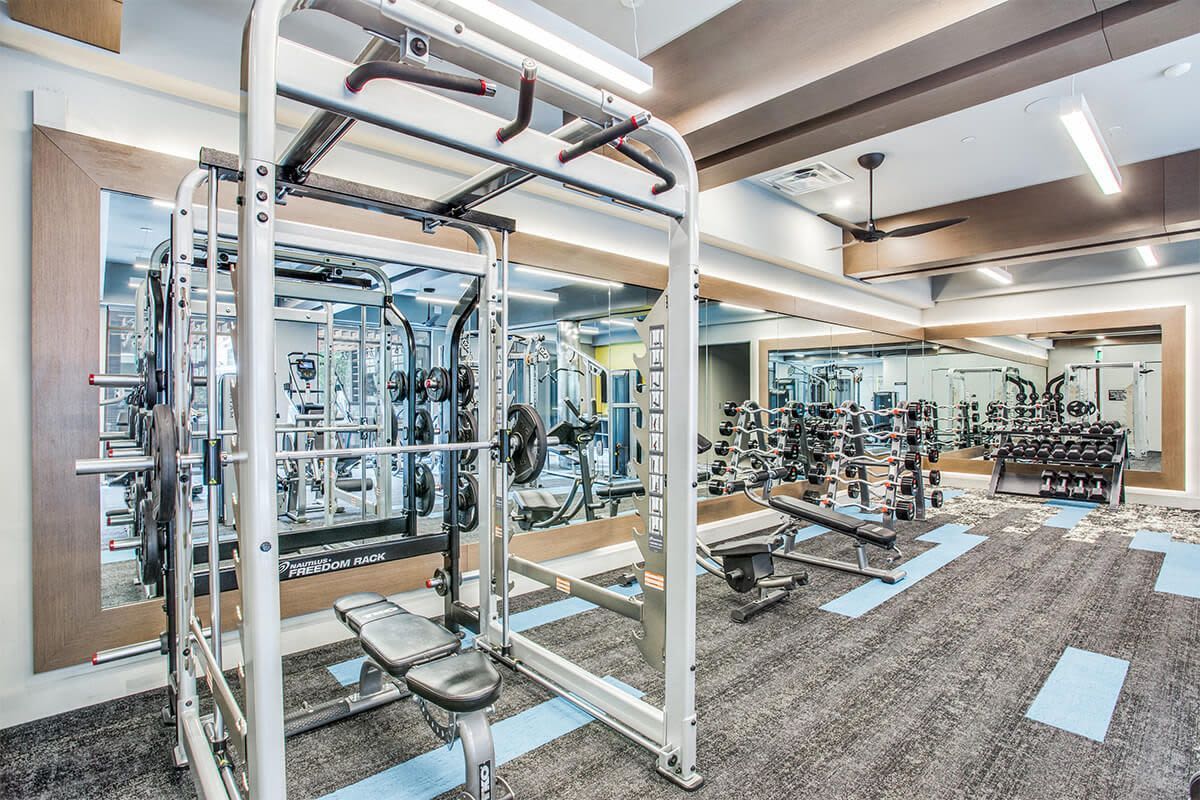Squat rack in the fitness center at The Cooper in Fort Worth, Texas