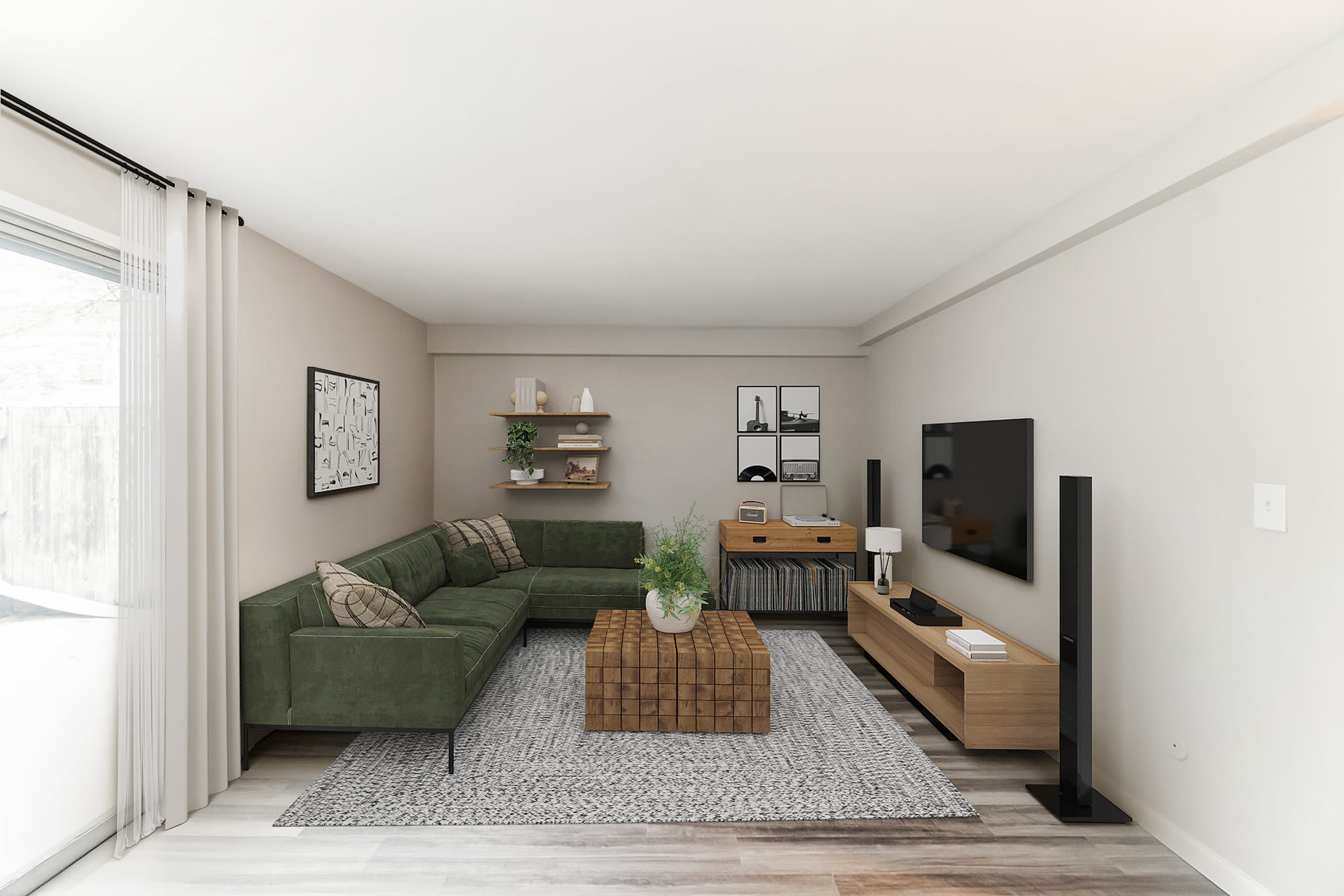 Modern living room at  Eagle Rock Apartments & Townhomes at Brighton in Brighton, Massachusetts