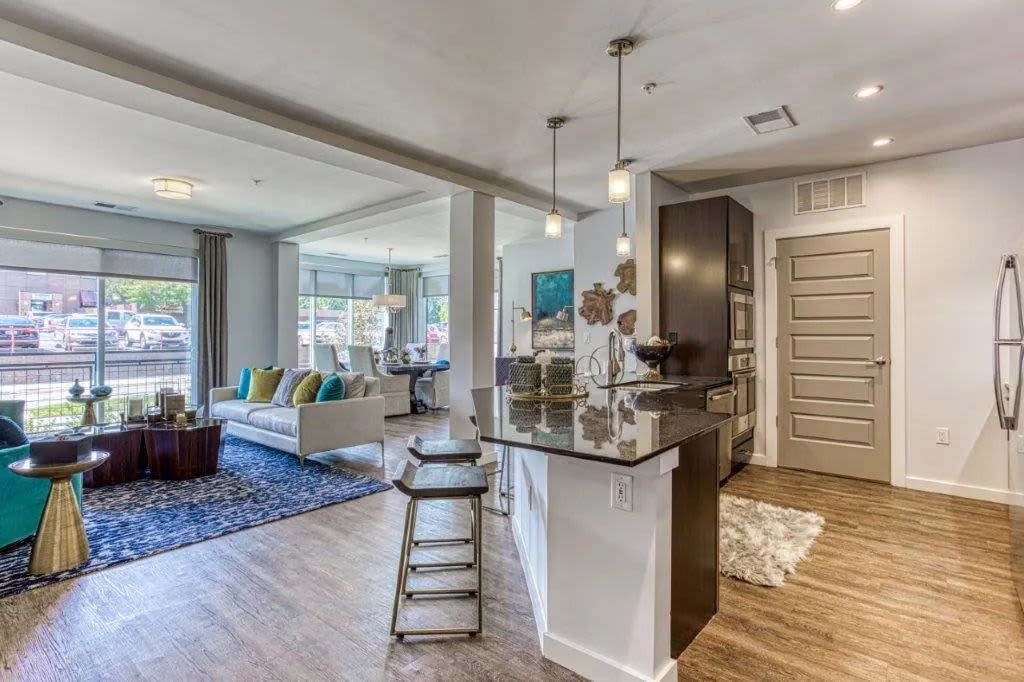 Modern kitchen and living area at Carroll at Bellemeade in Greensboro, North Carolina