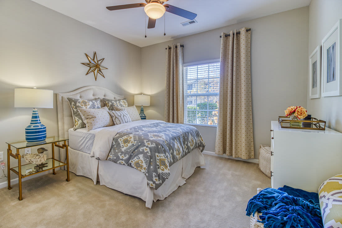 Bright and spacious bedroom with carpeting and ceiling fan in Everwood at The Avenue in Murfreesboro, Tennessee