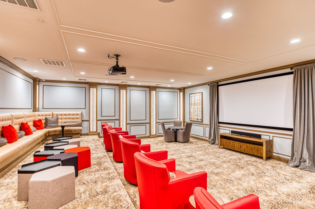 Modern theater room at Carroll at Rivery Ranch in Georgetown, Texas