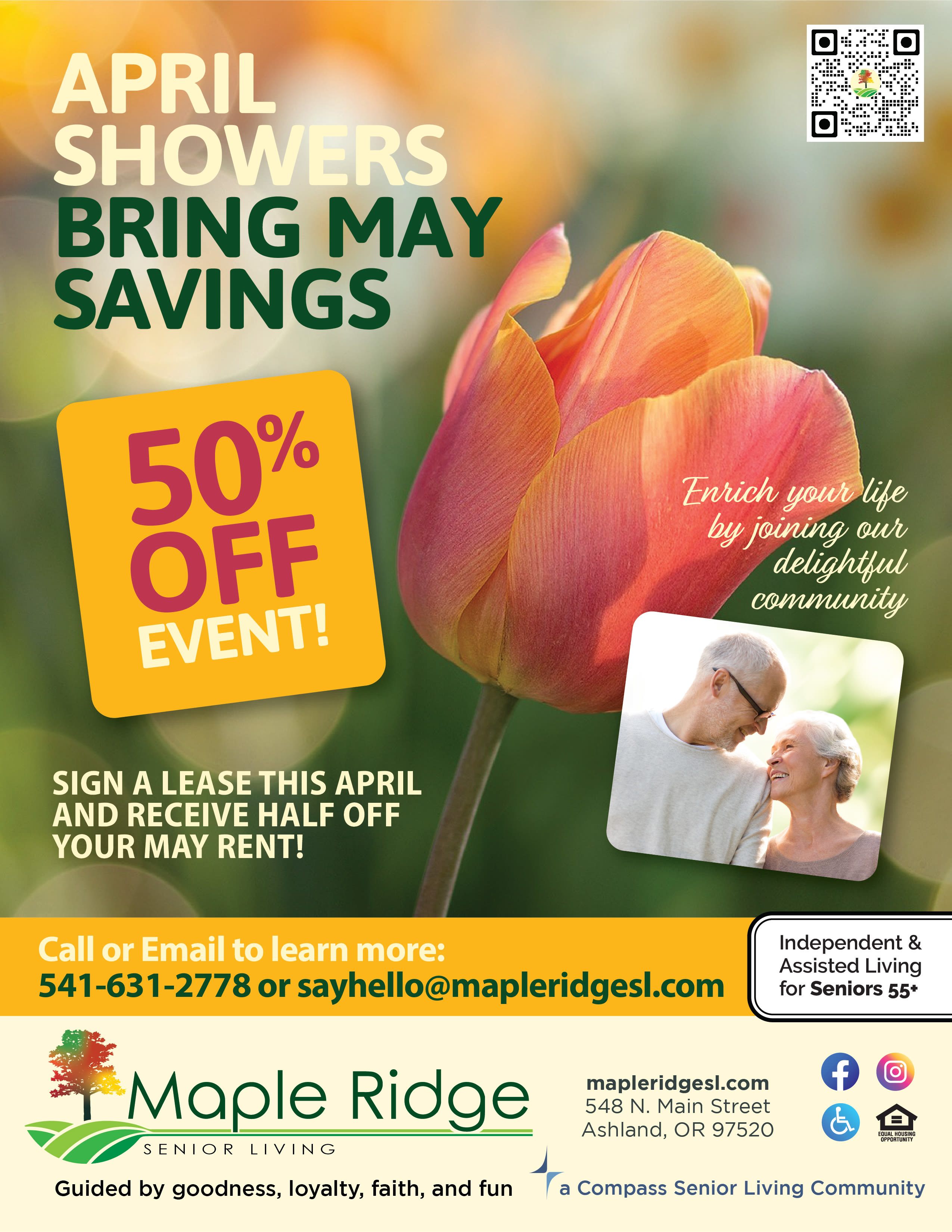 April flyer at Maple Ridge Senior Living in Ashland, Oregon