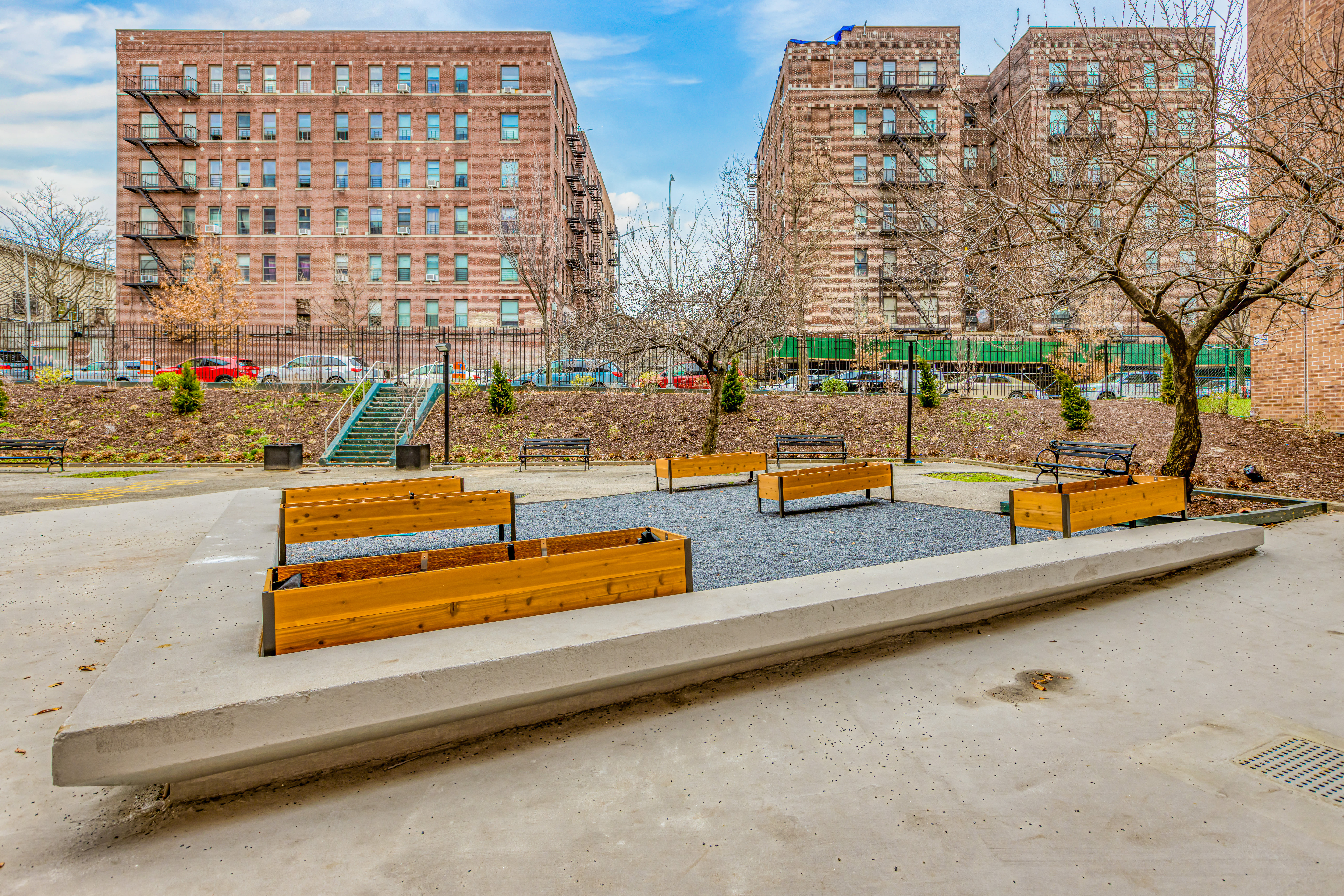 Courtyard and building exterior at Thessalonica Court in Bronx, New York