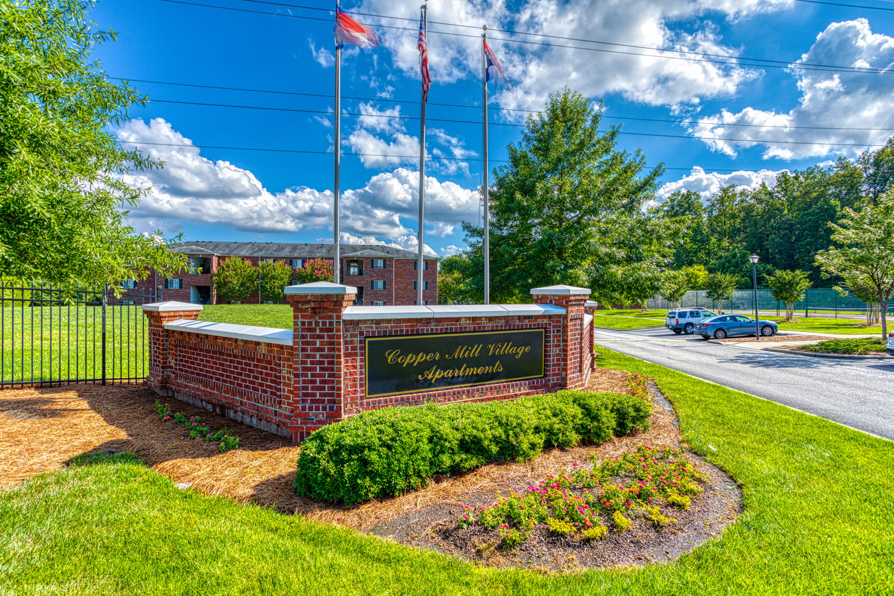 Front sign at Copper Mill Village in High Point, North Carolina