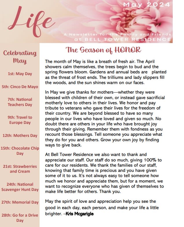 May 2024 Newsletter at Bell Tower Residence Assisted Living in Merrill, Wisconsin