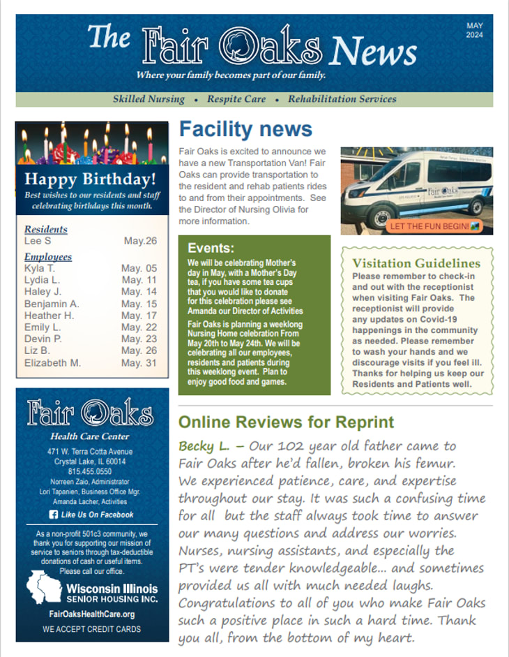May 2024 Newsletter at Fair Oaks Health Care Center in Crystal Lake, Illinois