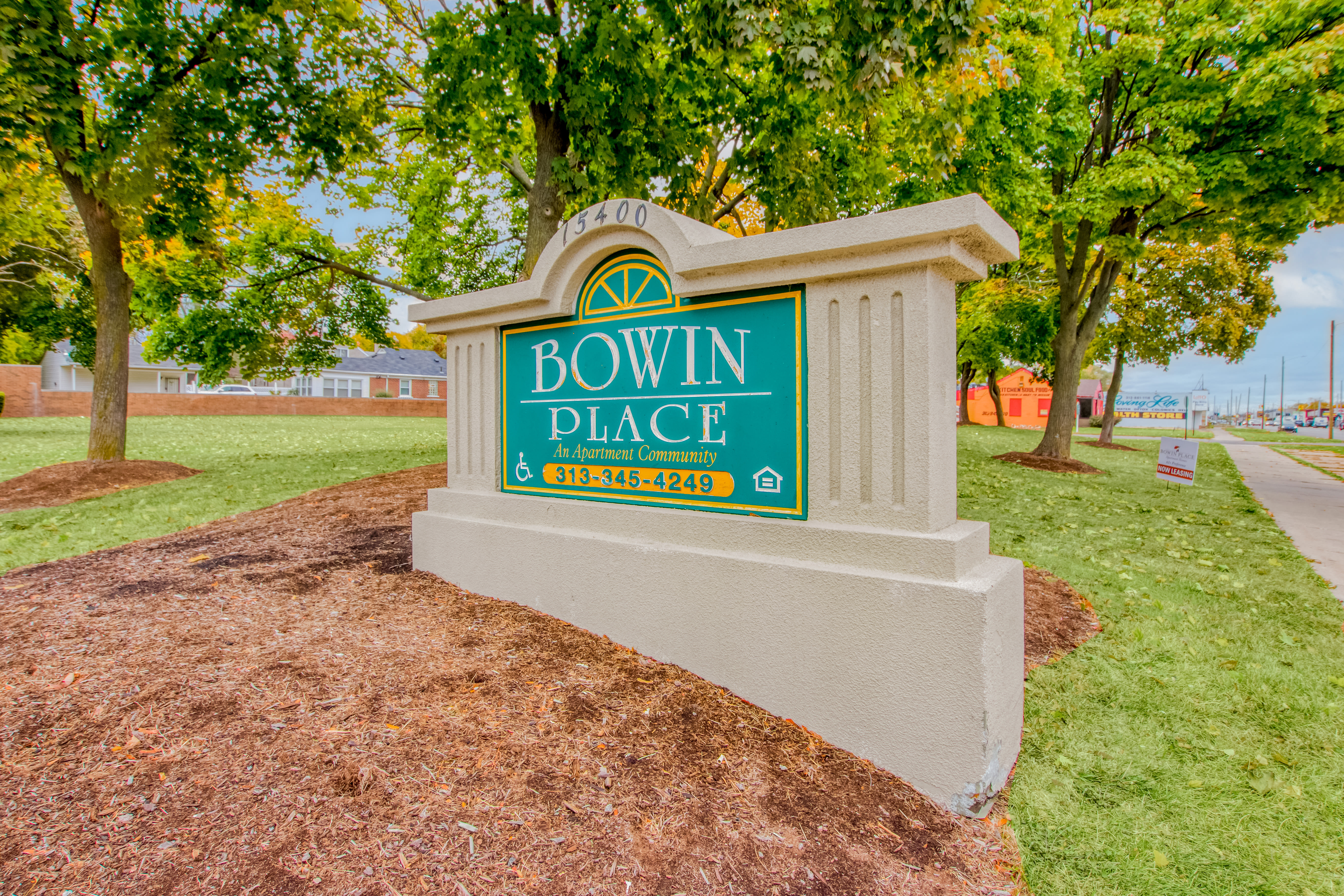 Courtyard and building exterior at Bowin Place in Detroit, Michigan