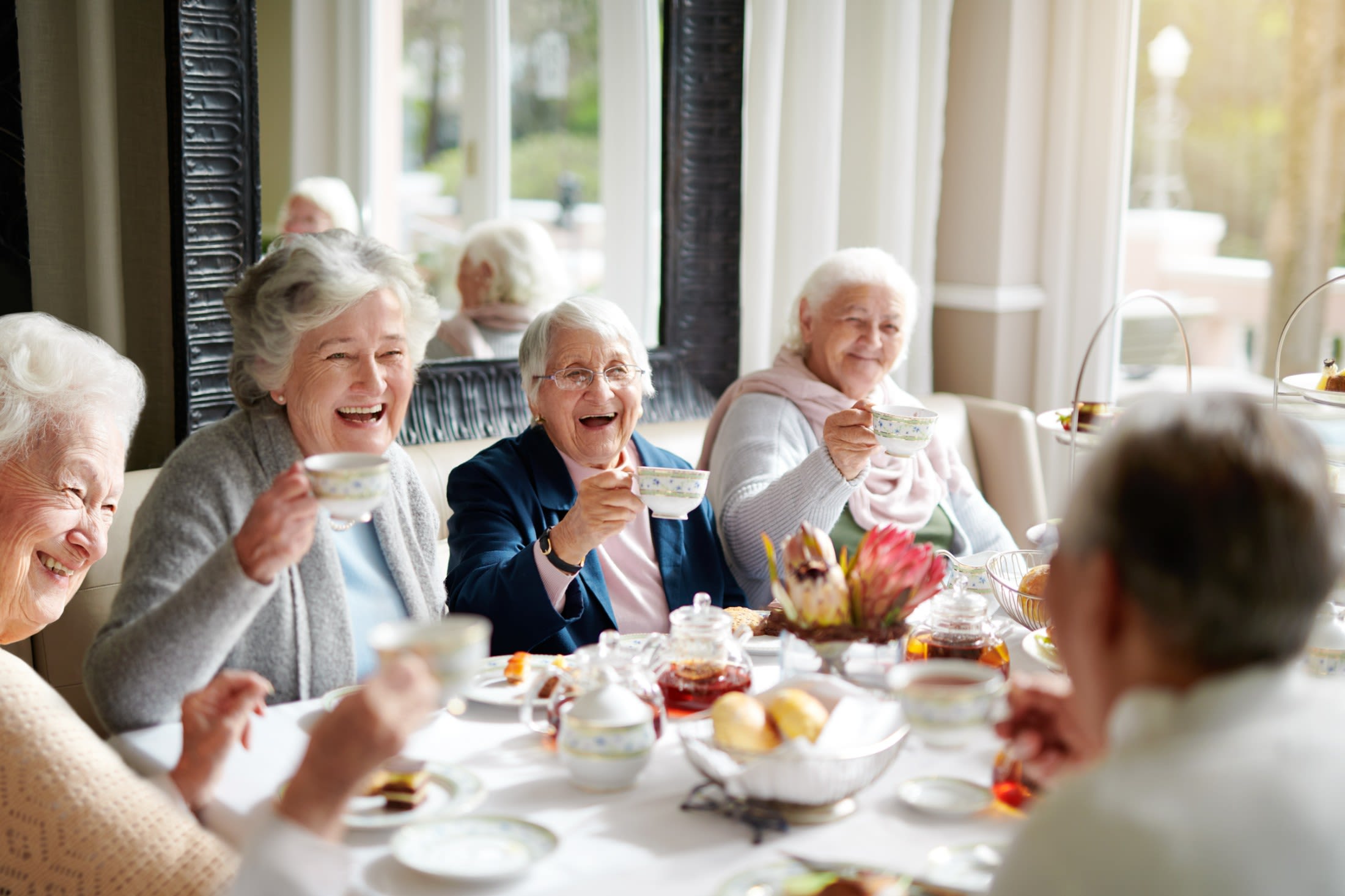 Residents enjoying tea at Clearwater at The Heights in Houston, Texas