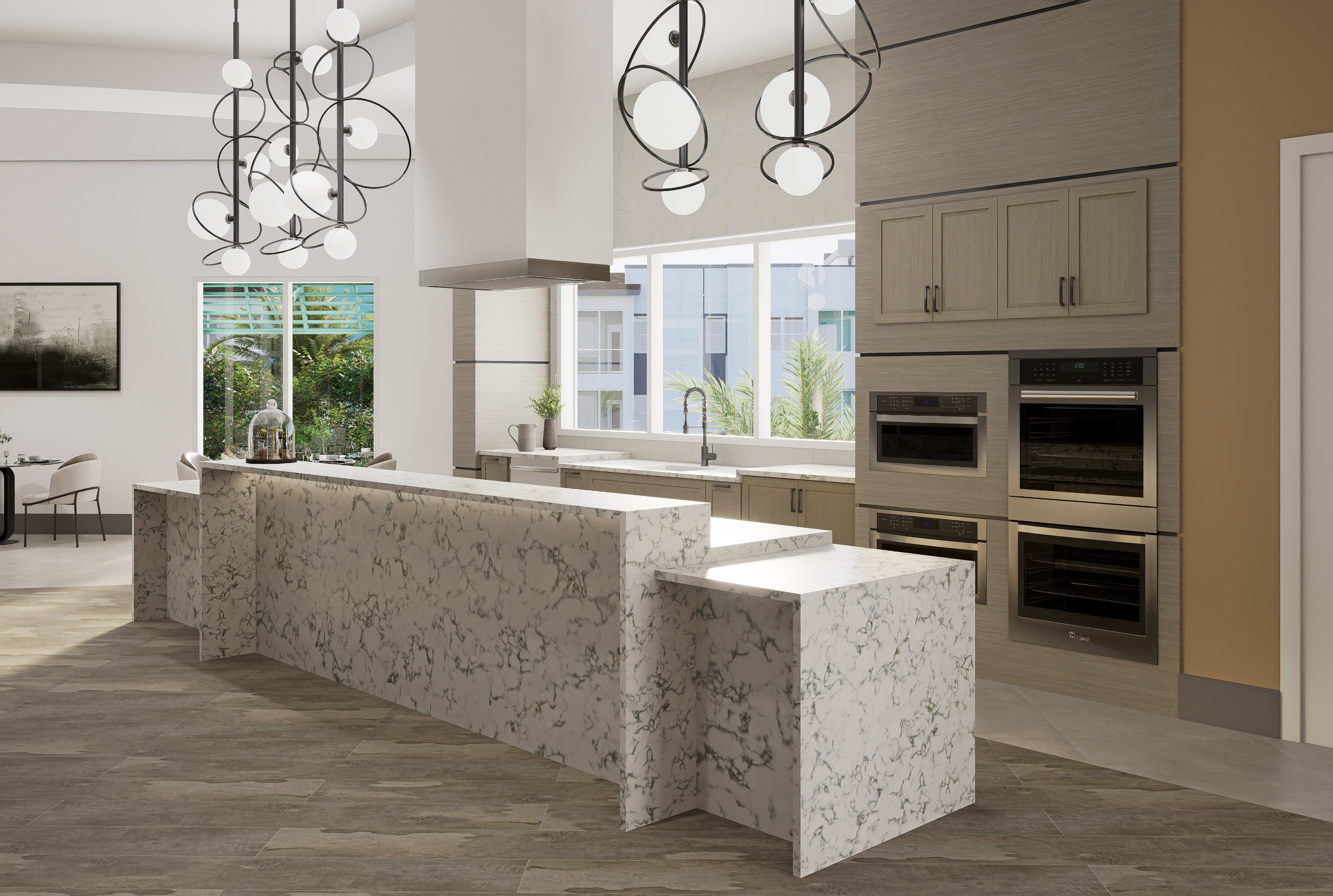 Luxury Demonstration Kitchen with pendant lights and granite island top at The Vivien in Vero Beach, Florida