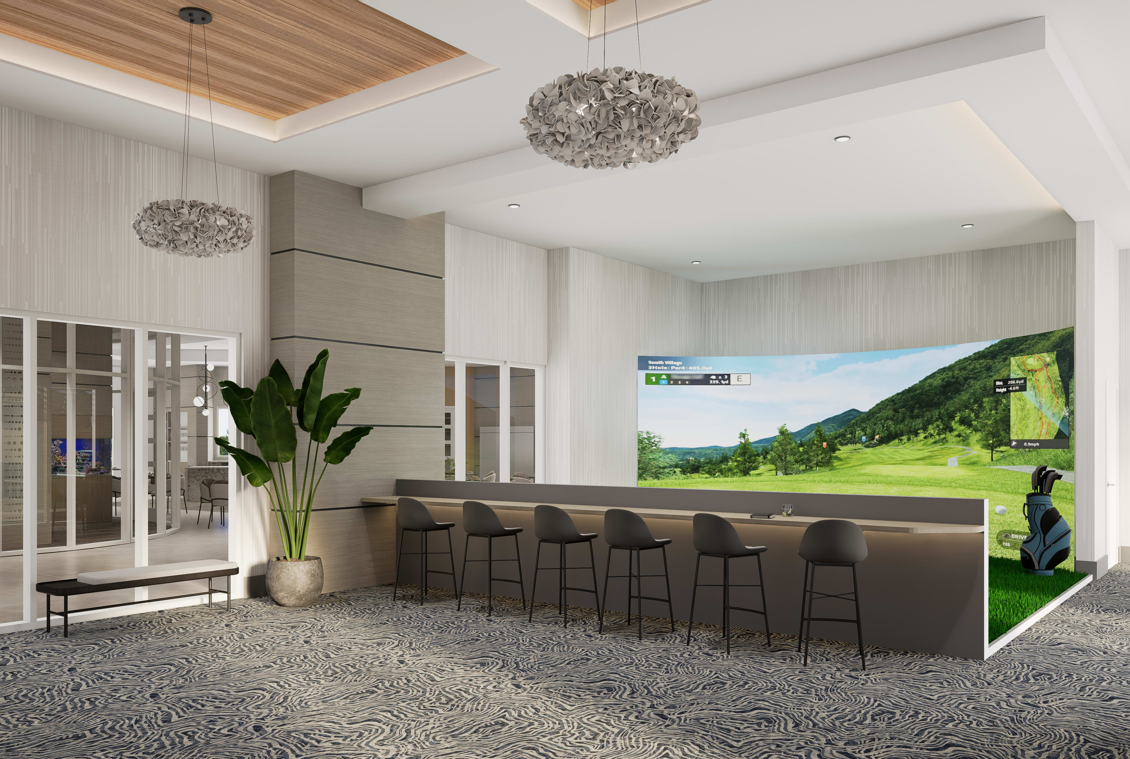 Golf Simulator with chairs and plants on the surroundings at The Vivien in Vero Beach, Florida