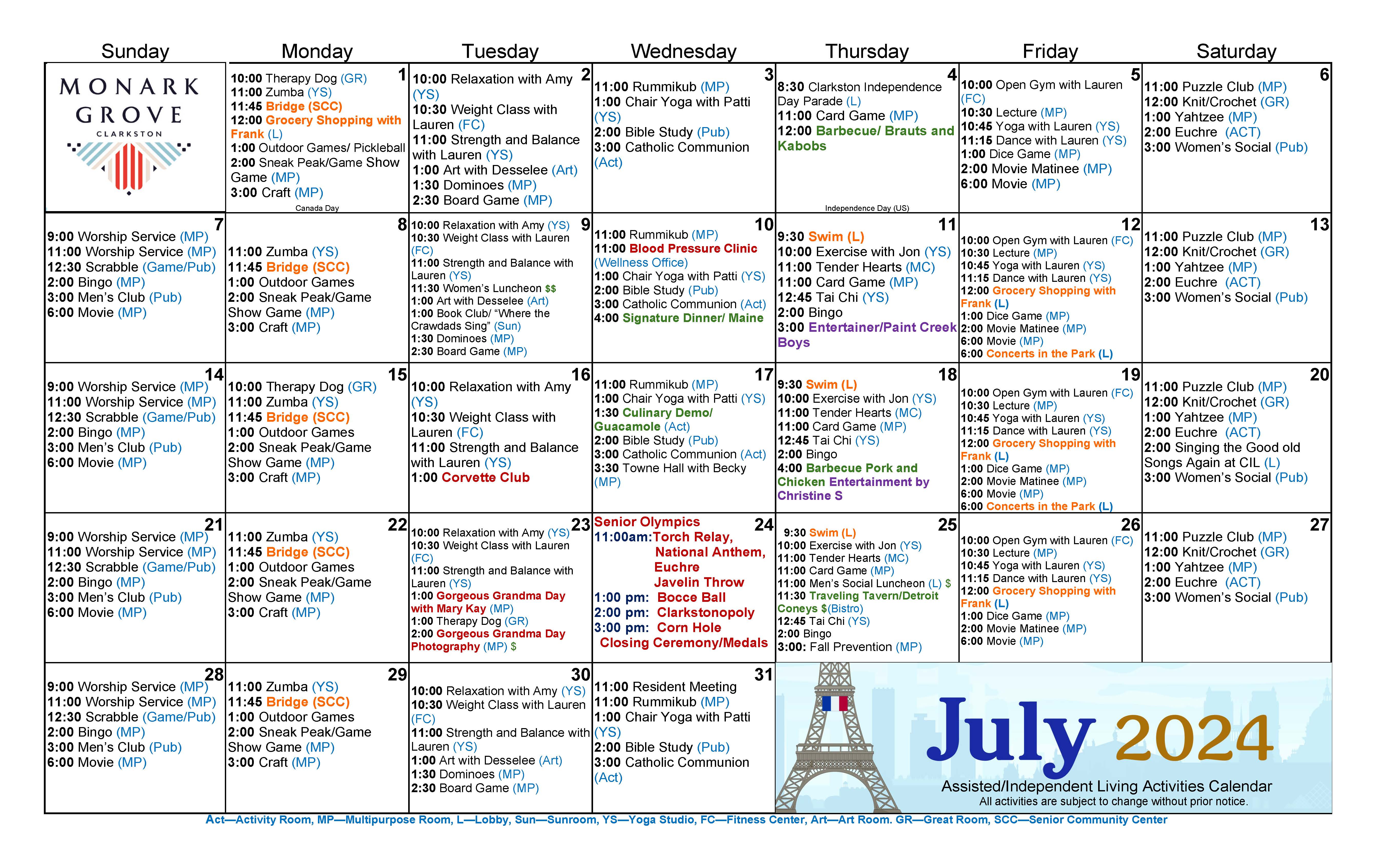 Monark Grove July Calendar