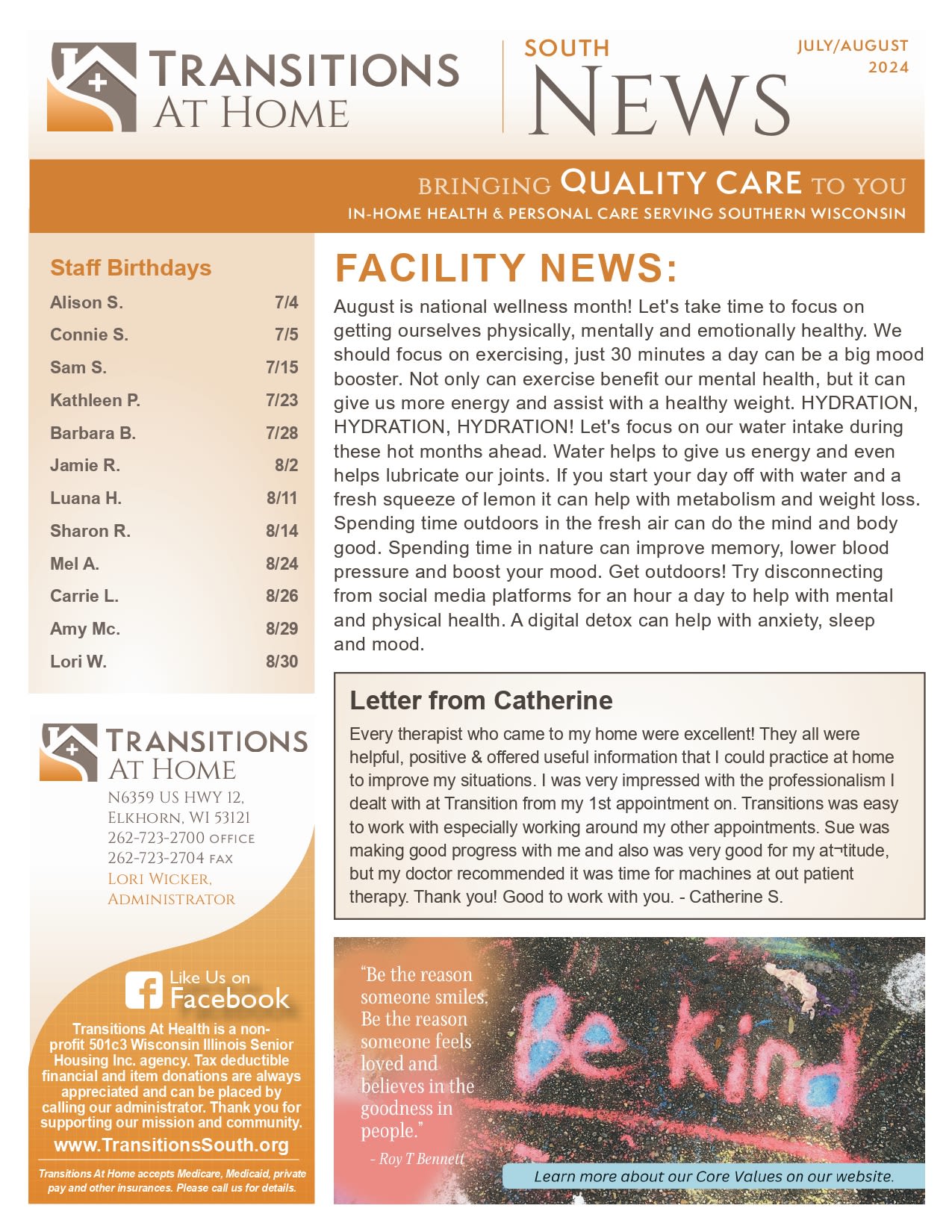 July 2024 Newsletter at Transitions At Home in Elkhorn, Wisconsin