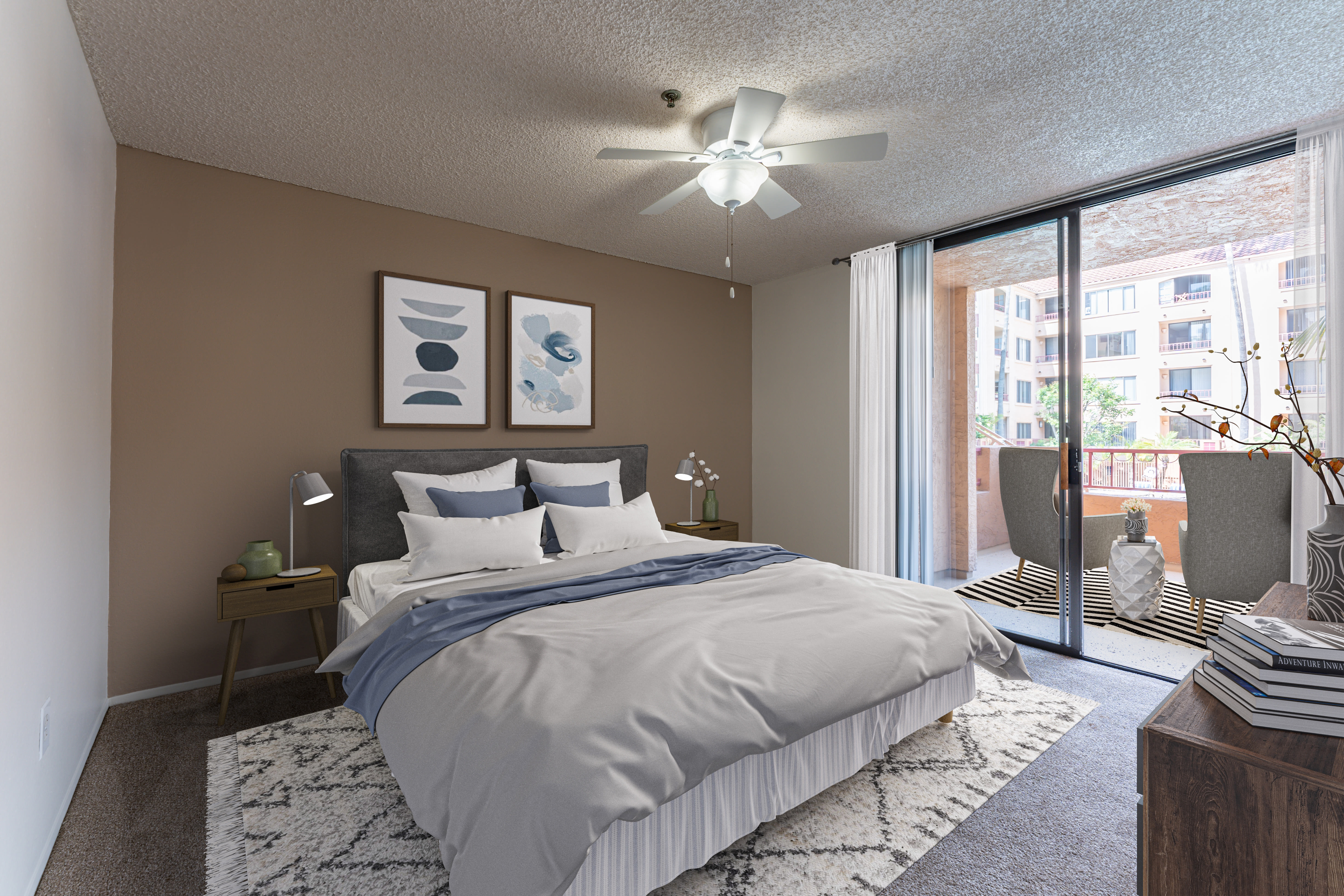 Model bedroom with premium finishes at Veranda La Jolla in San Diego, California