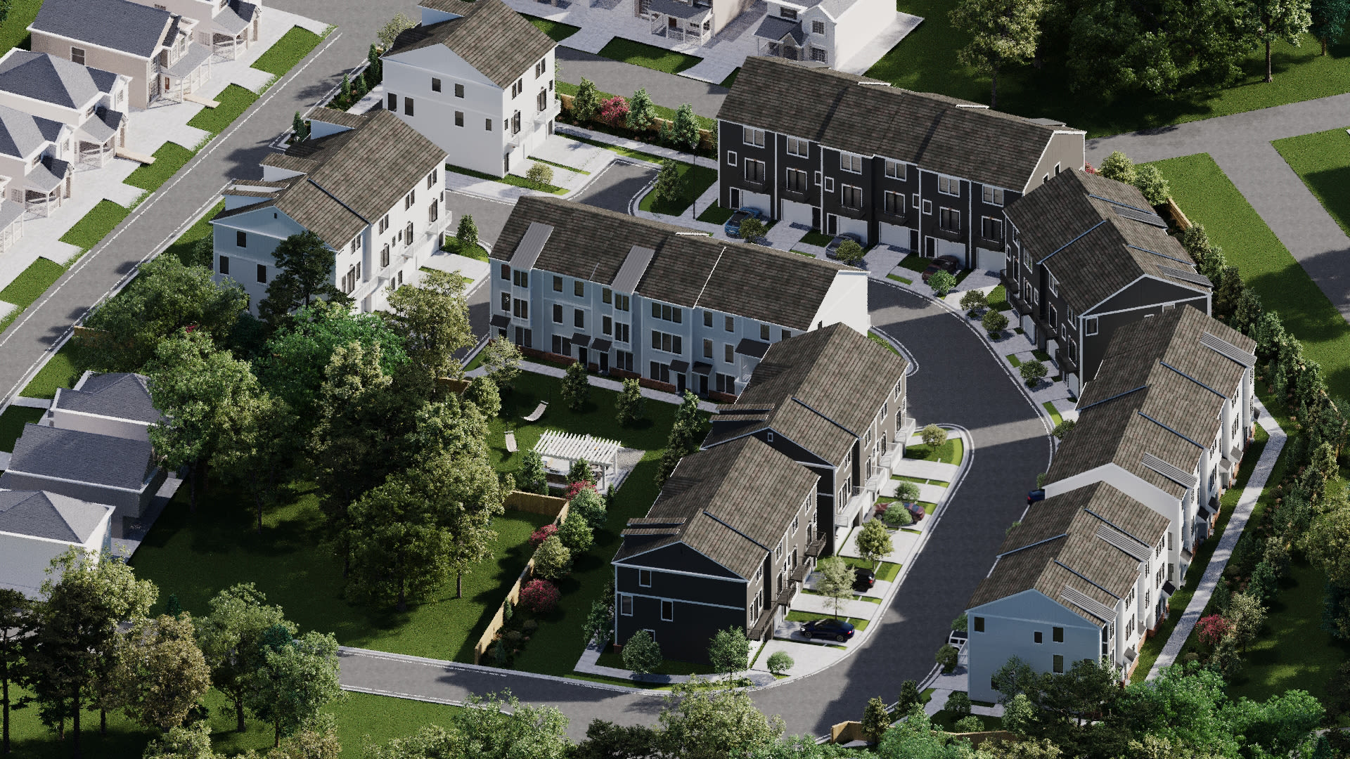 Drone view of a townhome at Maybrook Terraces in Greenville, South Carolina