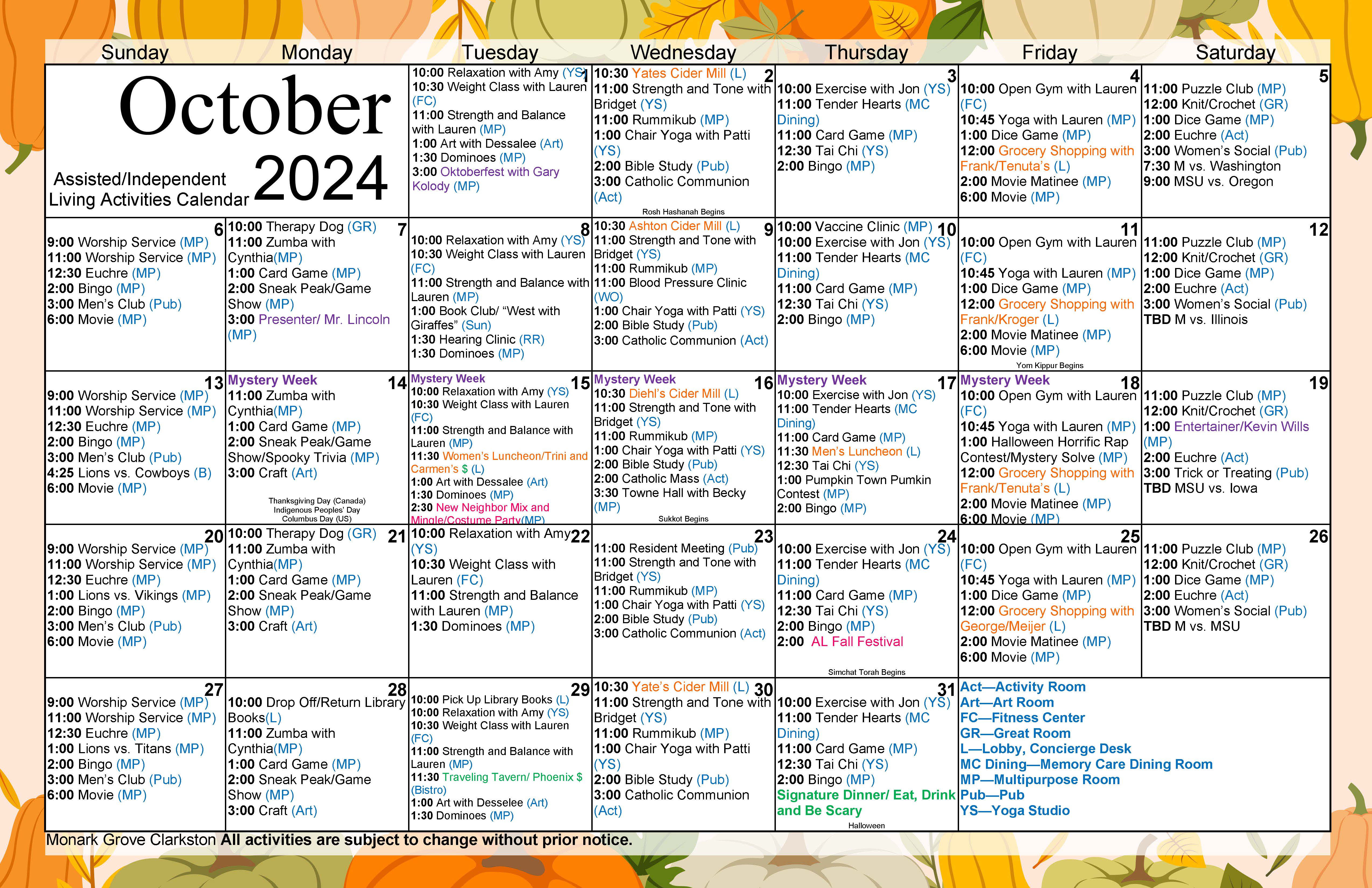 Monark Grove October Calendar