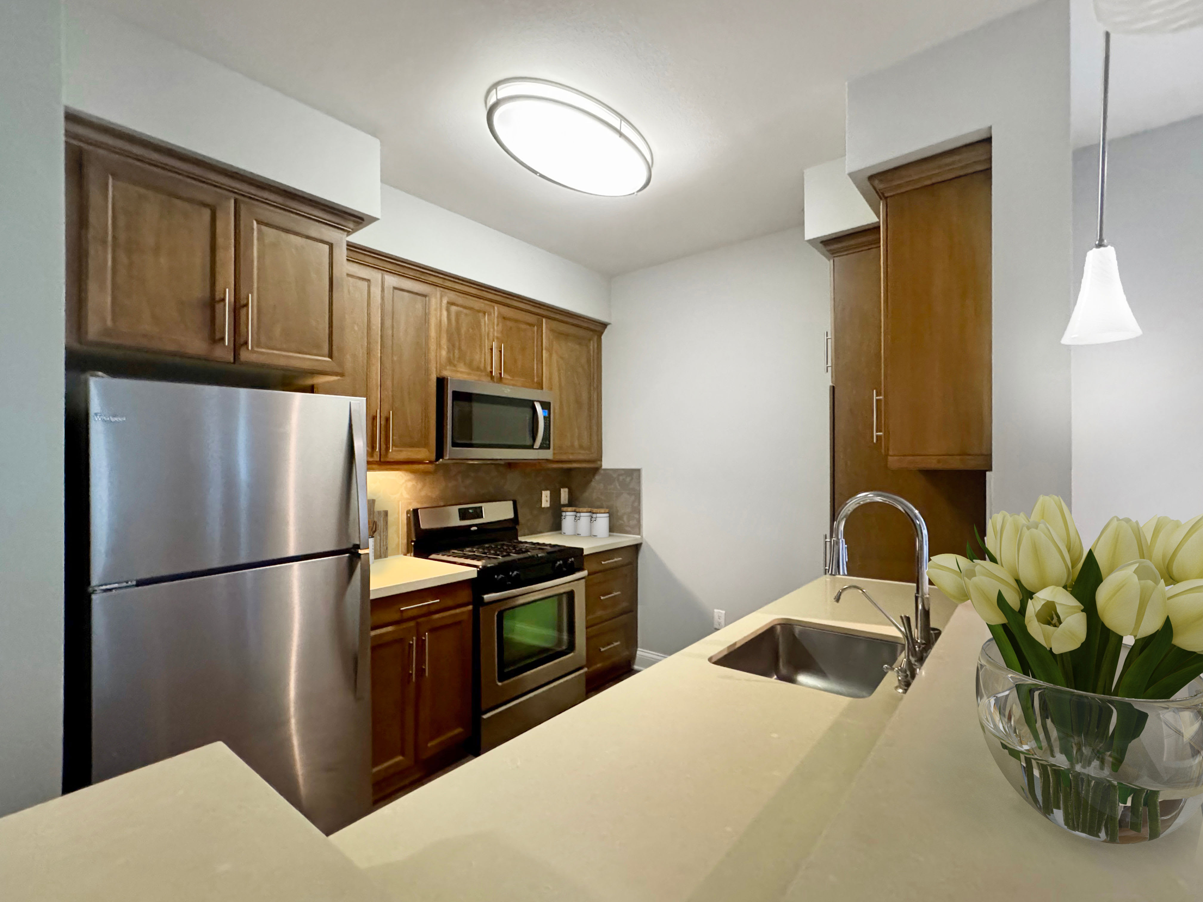 Well-equipped kitchen with modern and energy-efficient appliances at La Belle at Hollywood Tower in Los Angeles, California