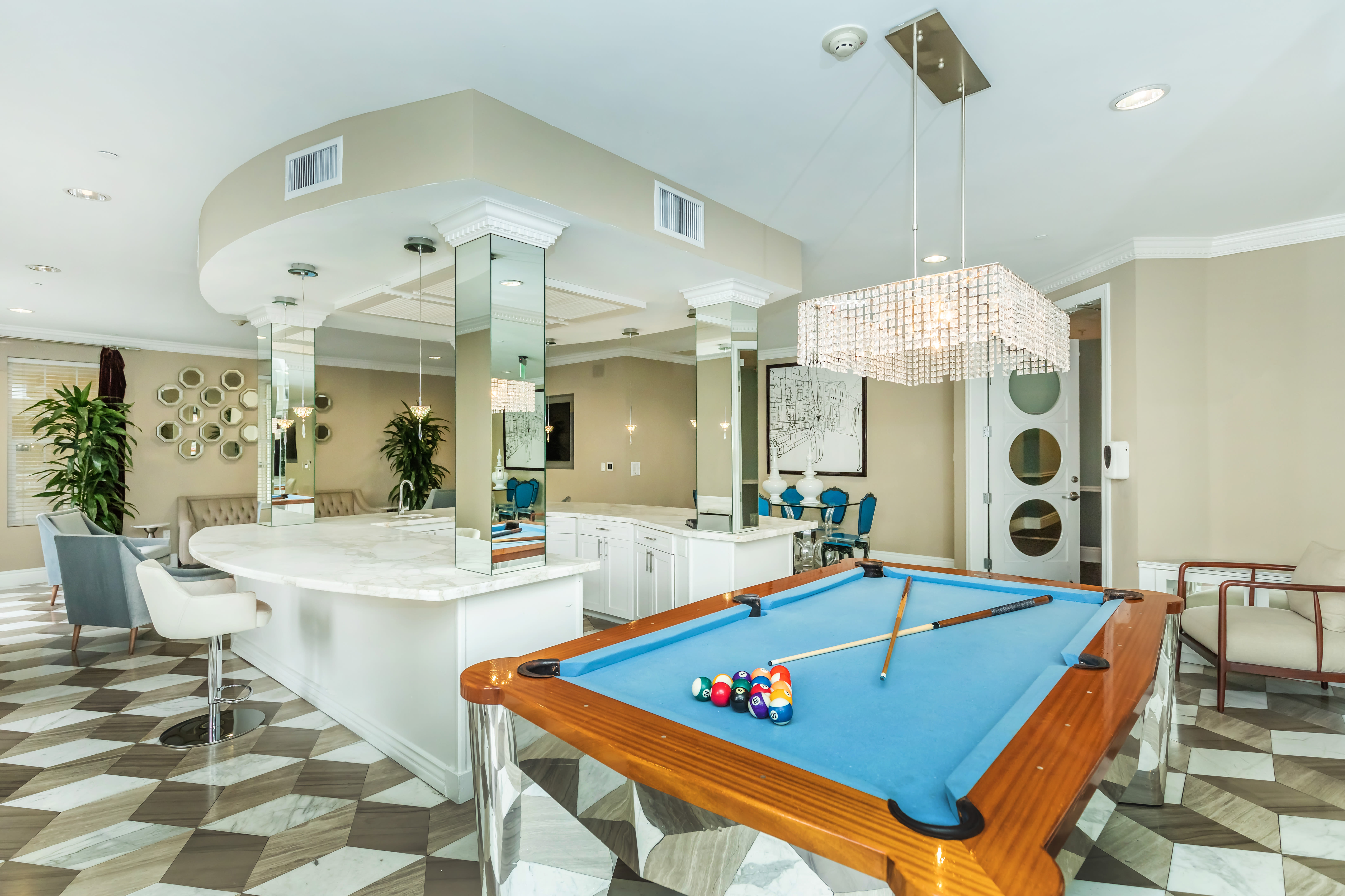Pool table in the community room at La Belle at Hollywood Tower in Los Angeles, California