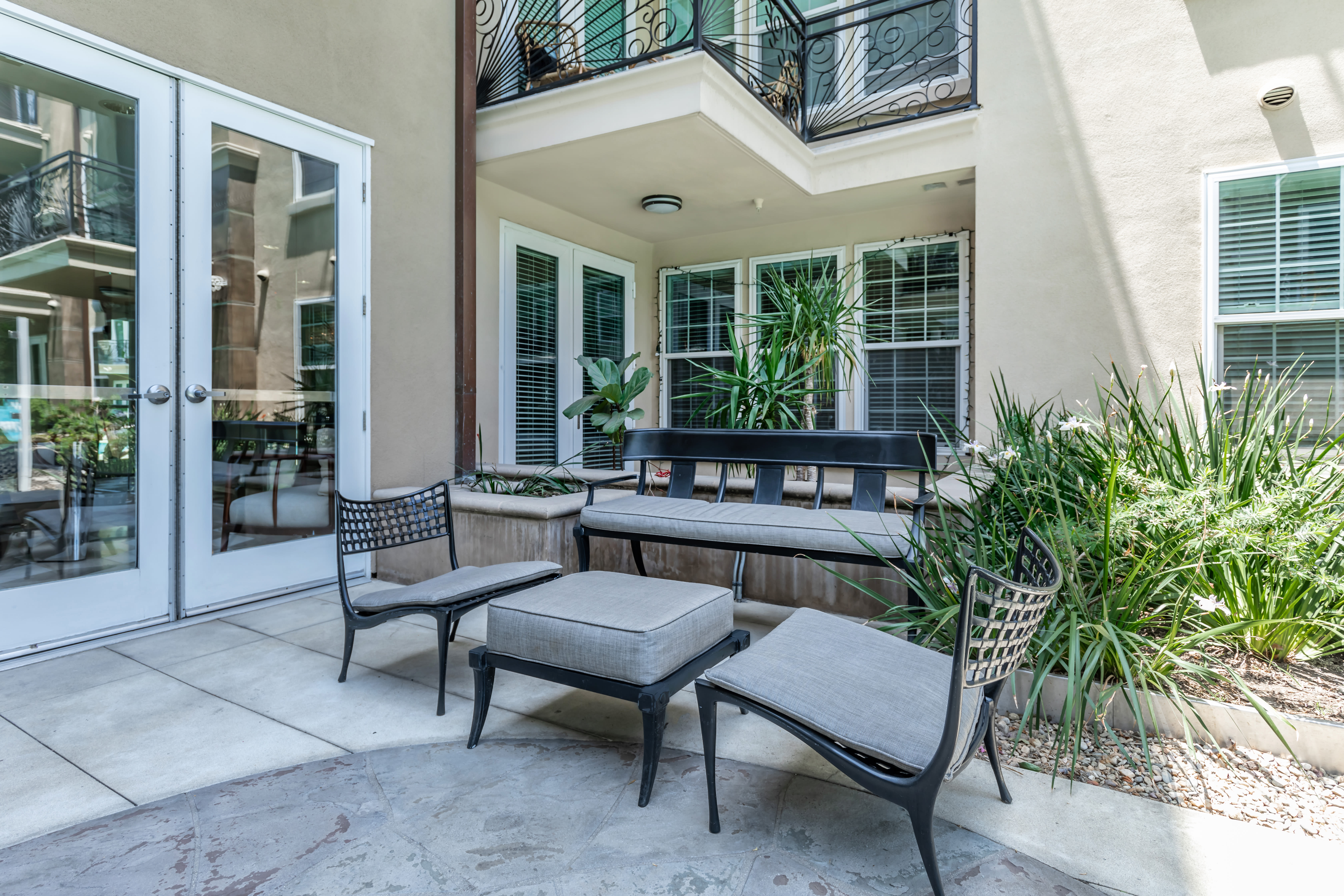 Cozy outdoor seating nooks at La Belle at Hollywood Tower in Los Angeles, California