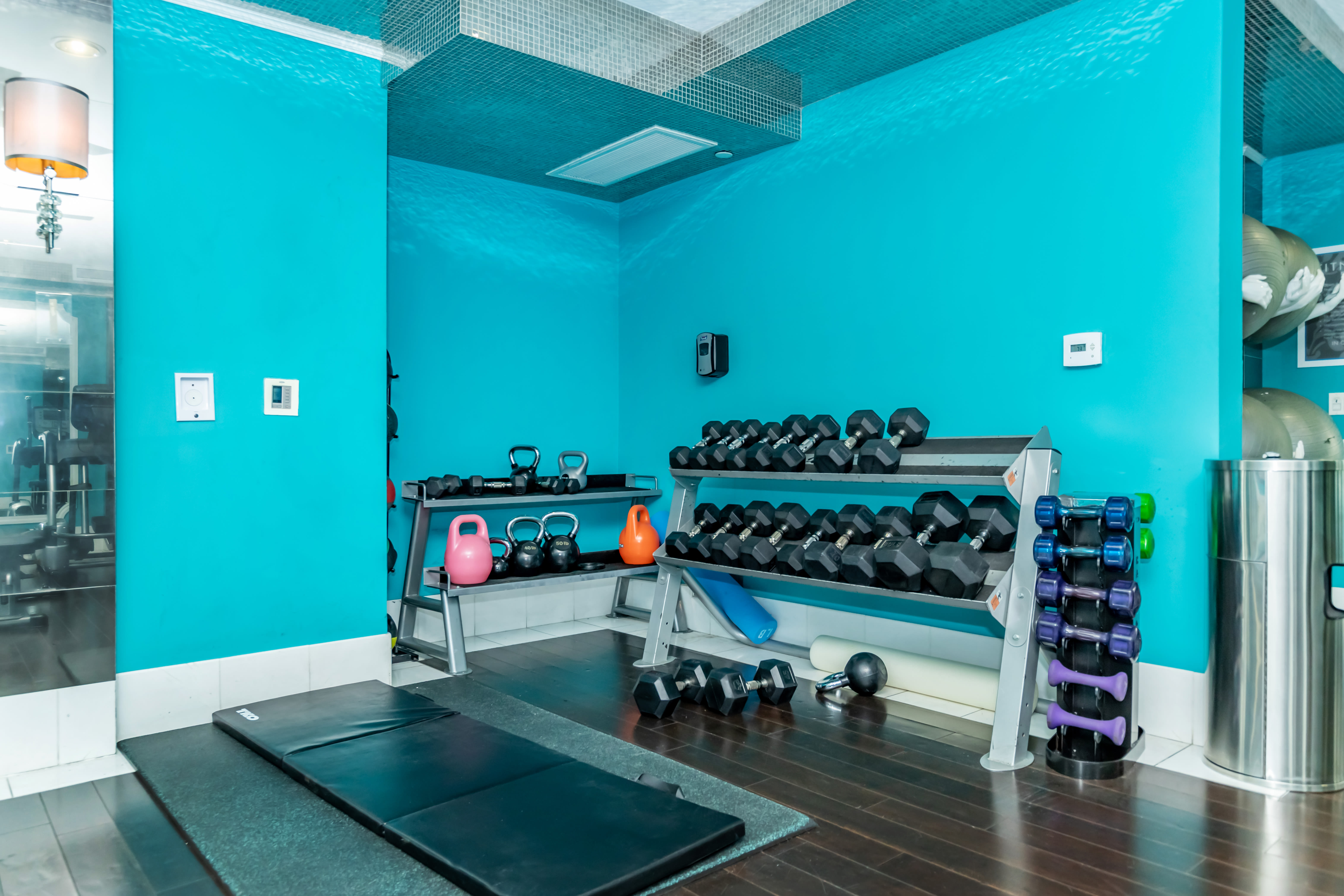 Fitness center with strength training equipment's at La Belle at Hollywood Tower in Los Angeles, California