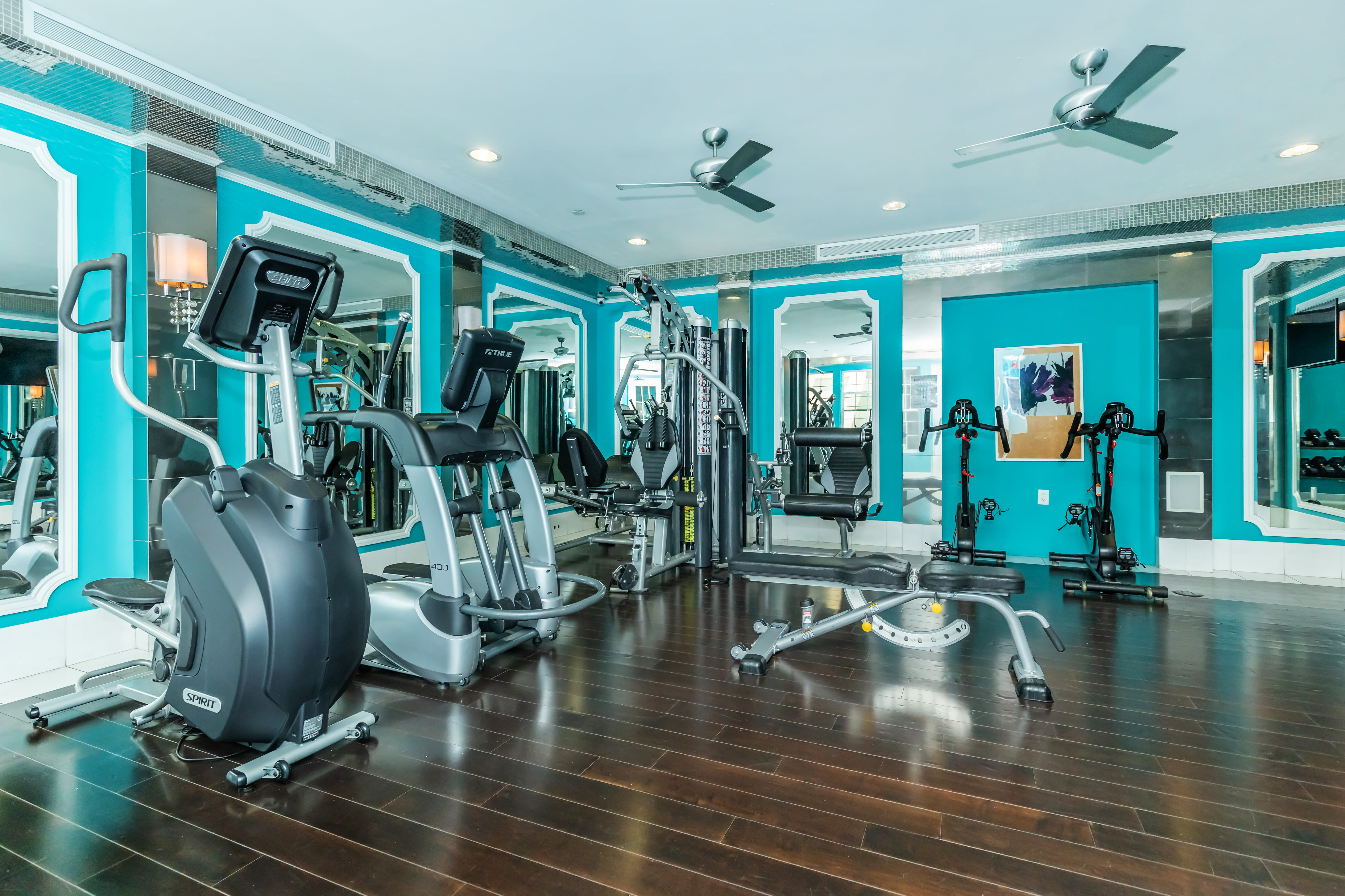 Well-equipped fitness center at La Belle at Hollywood Tower in Los Angeles, California