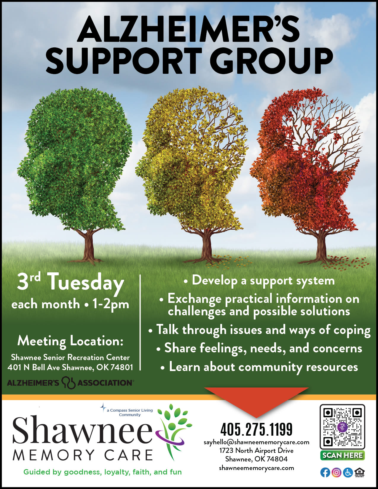 Alzheimer's support group flyer at Shawnee Memory Care in Shawnee, Oklahoma. 