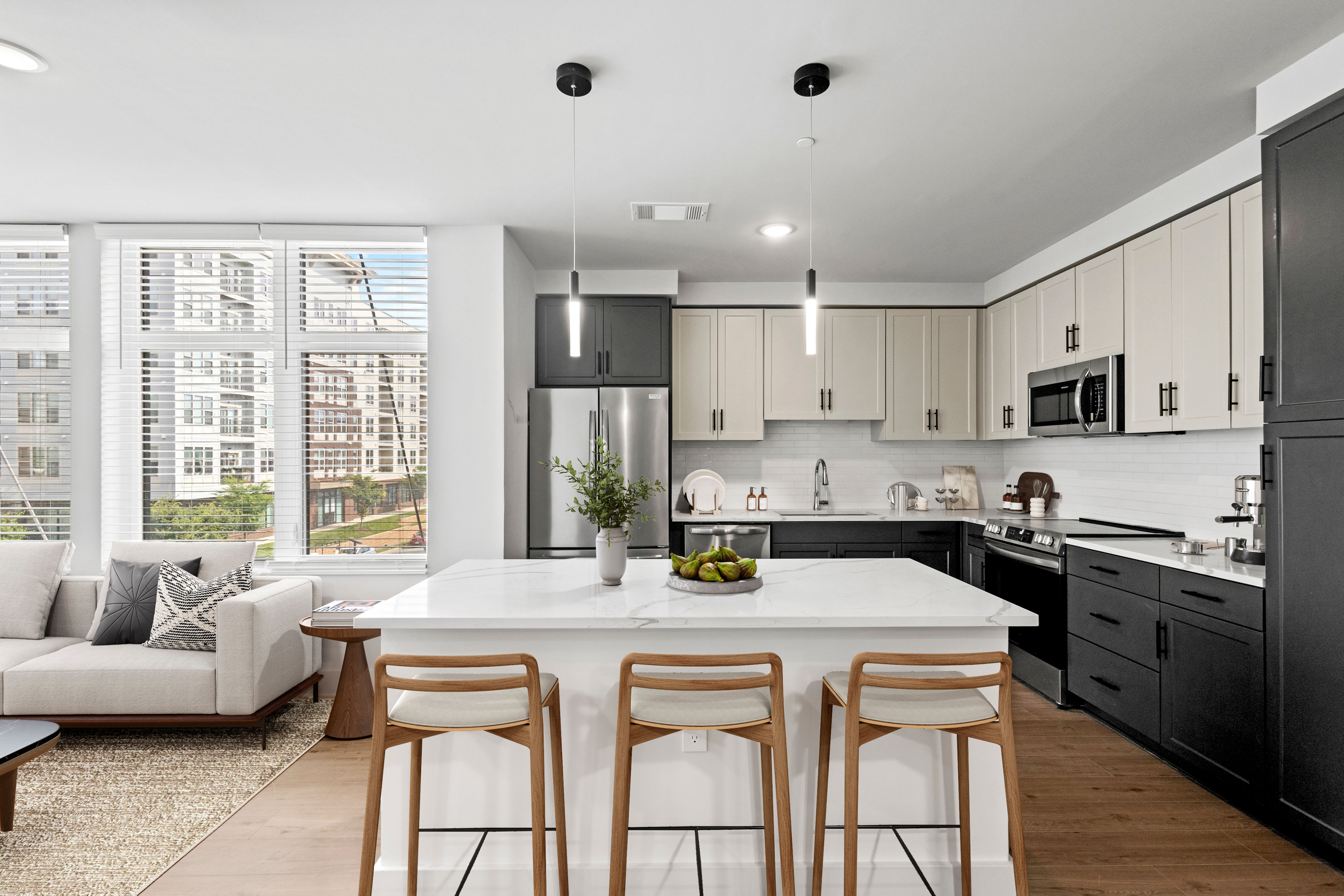 A view of the kitchen and barcounter space at The Maximillian at Stonefield in Charlottesville, Virginia