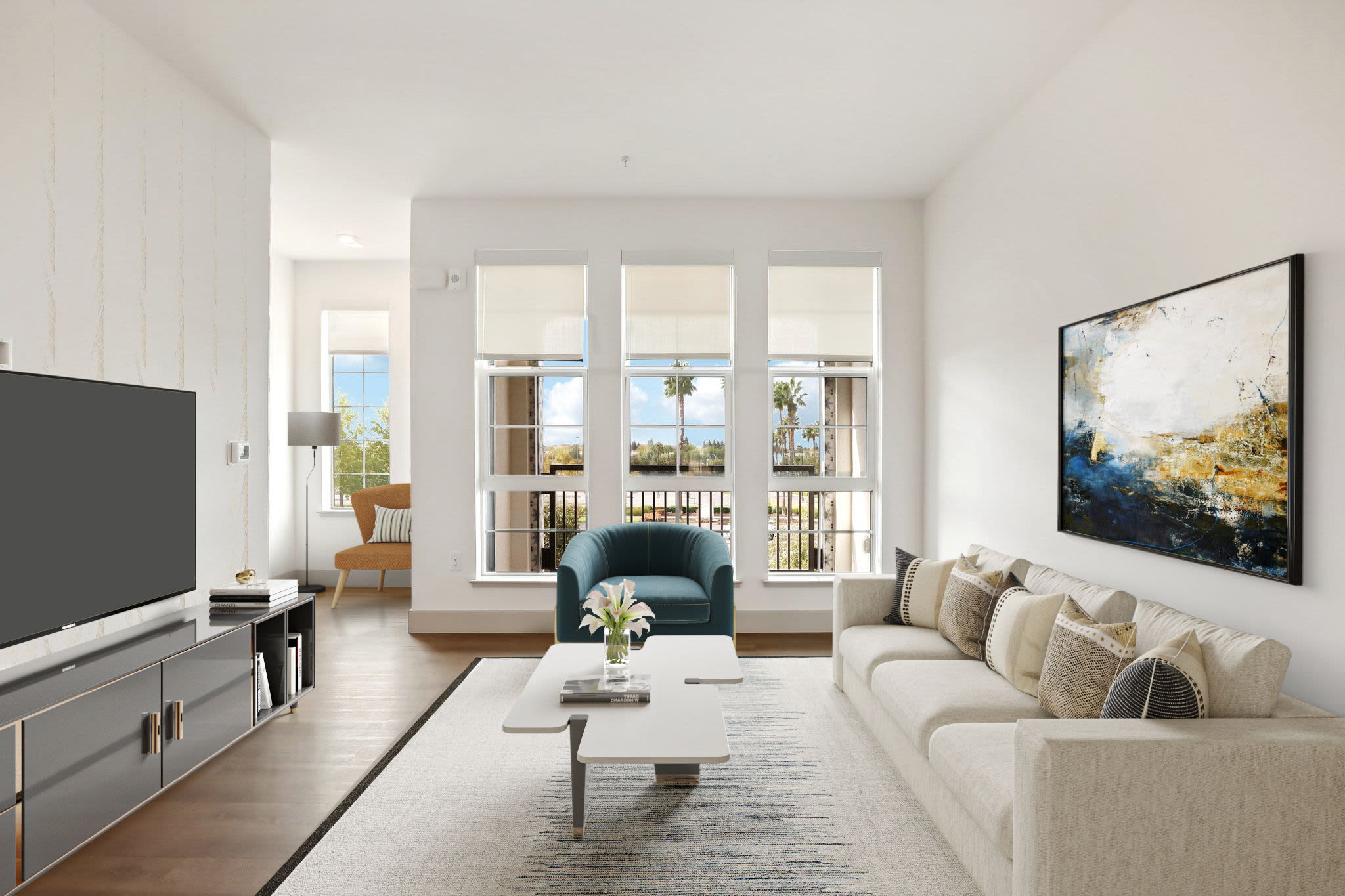 Well-lit living room at Broadstone Villas in Folsom, California
