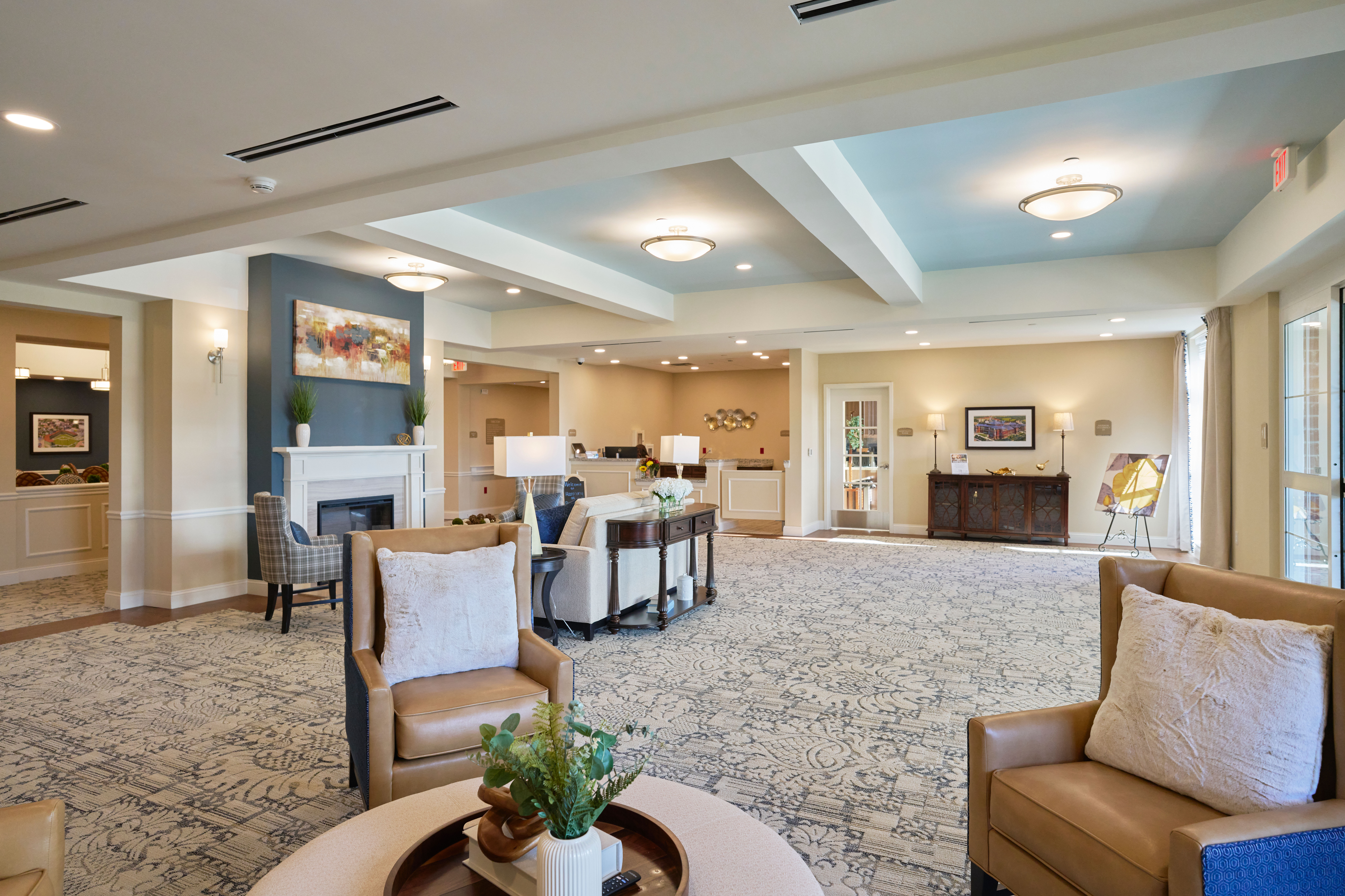 Community clubhouse with fireplace at Harmony at Diamond Ridge in Moon Township, Pennsylvania