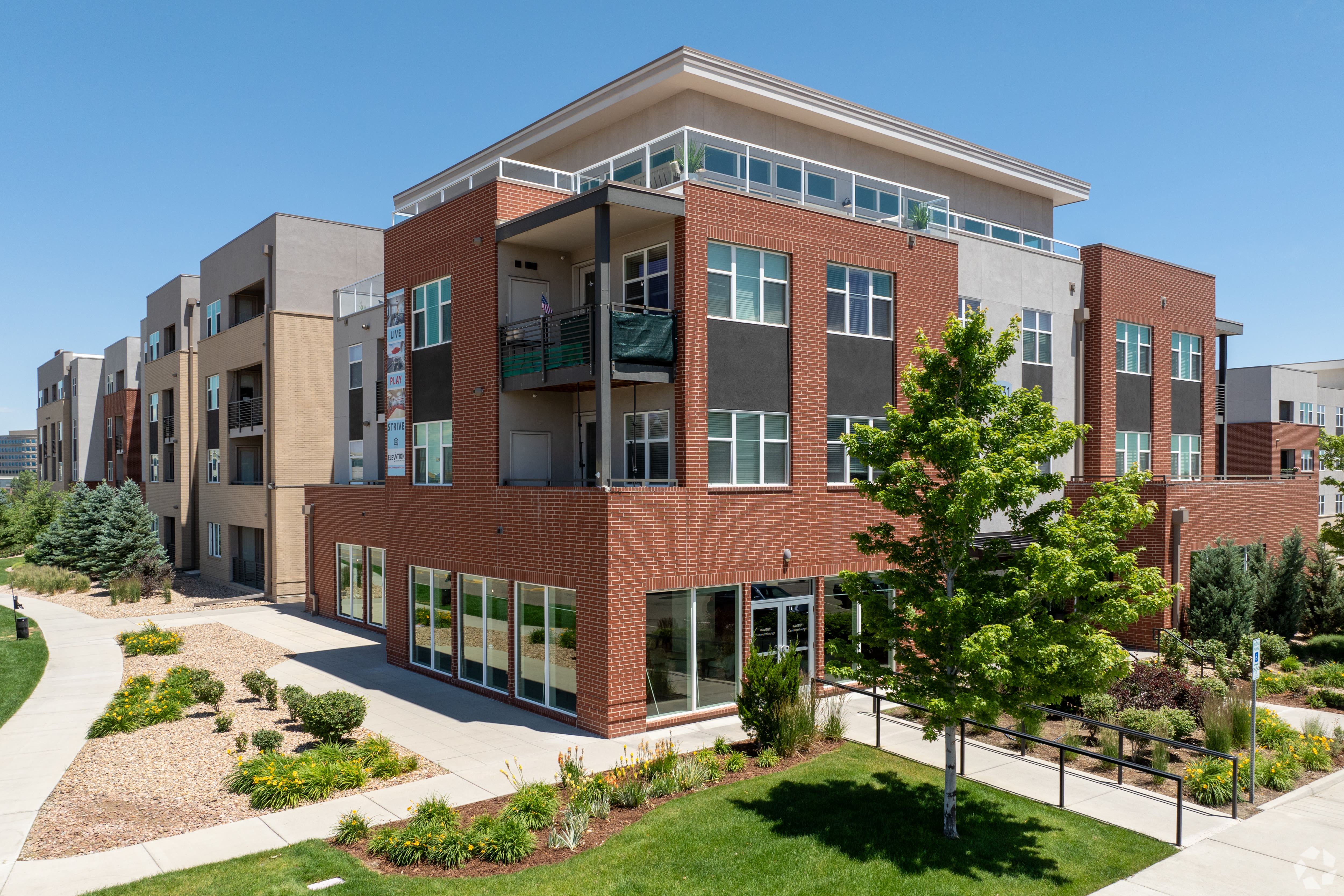 Landscaping outside the building at Elevation @ County Line Station in Englewood, Colorado
