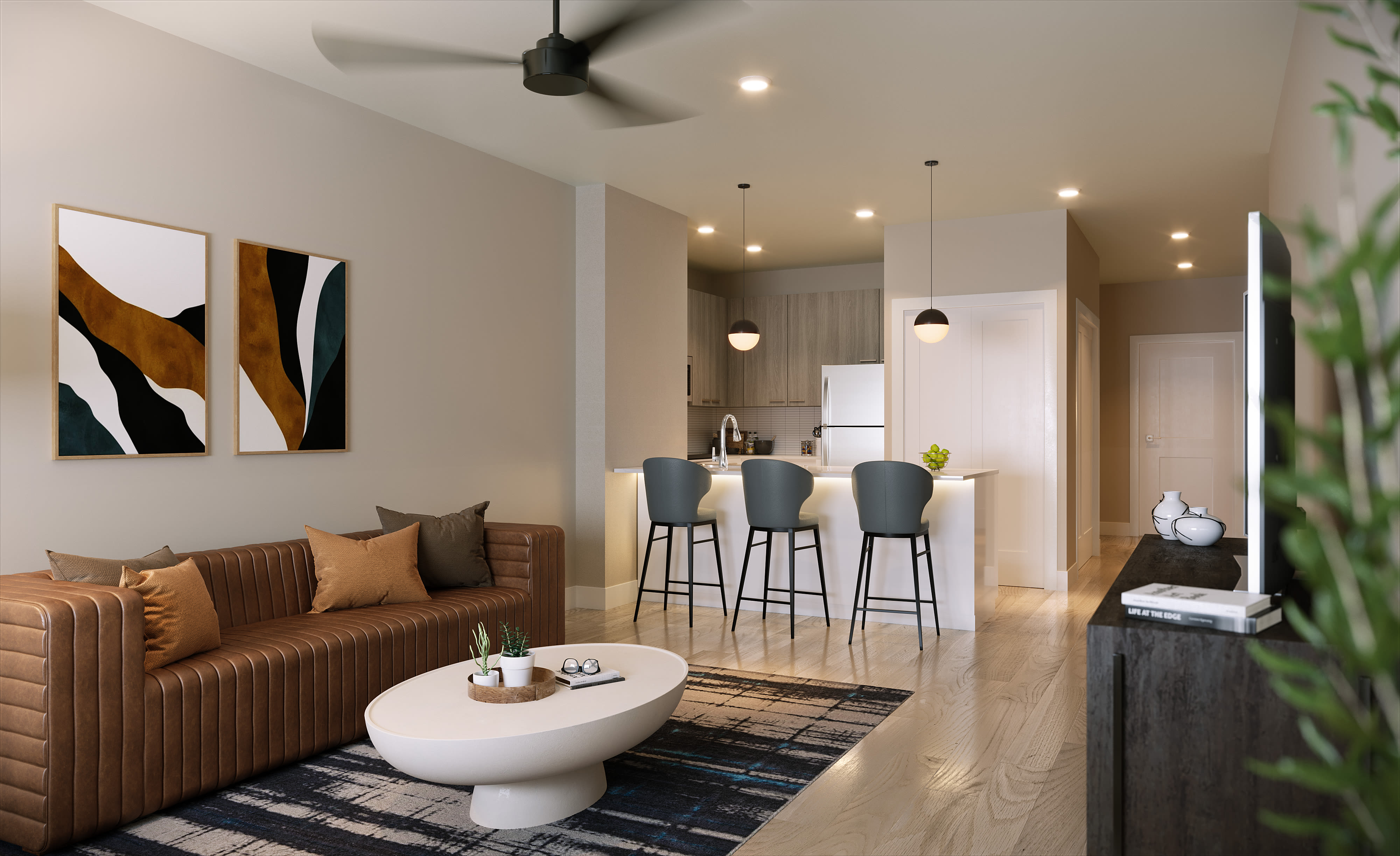 Living room with coffee table at Stone Village Apartments in Reno, Nevada