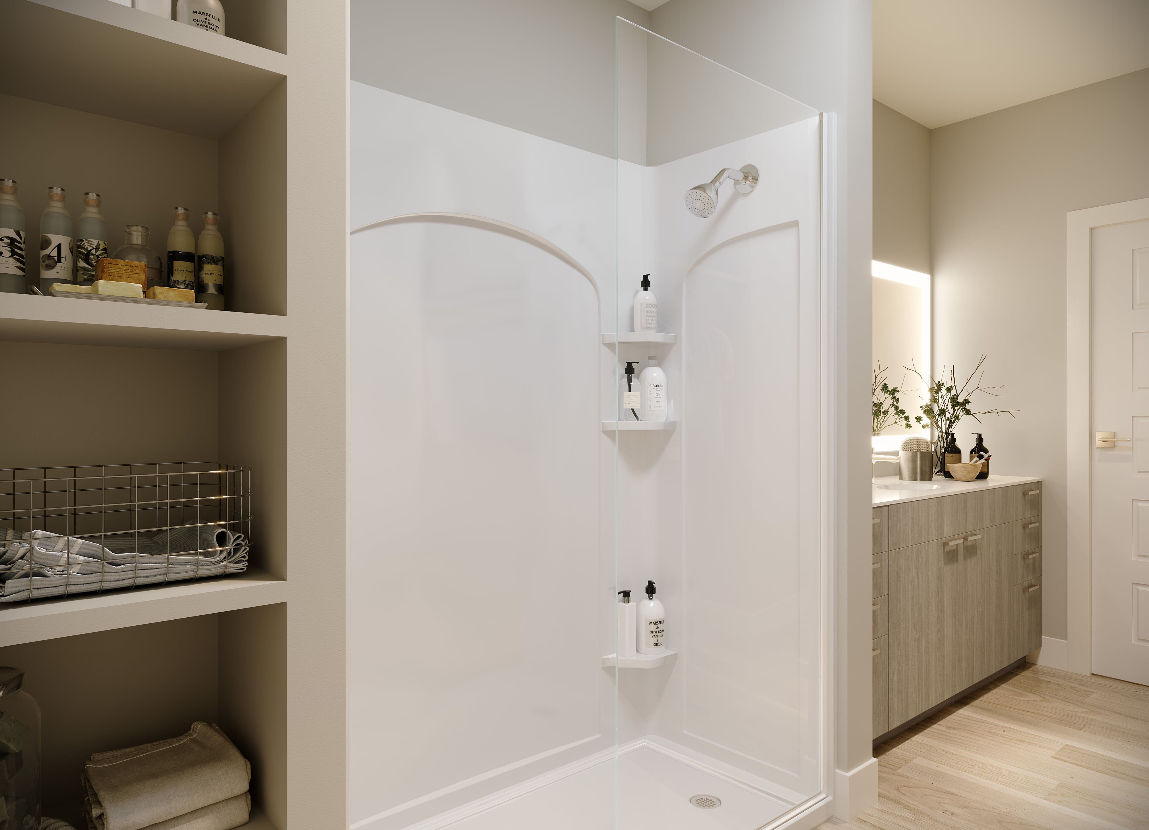 Spacious bathroom with tub, shelves to keep self care products at Stone Village Apartments in Reno, Nevada